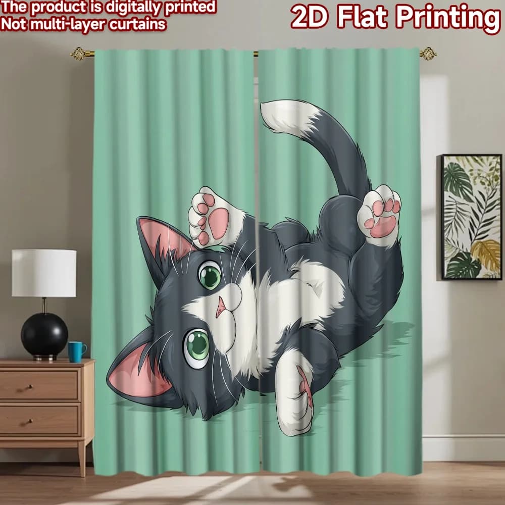 Tende 2D con stampa piatta, 2 pz, simpatiche tende in poliestere con stampa digitale di gatti giocosi, decorazioni per feste ed eventi