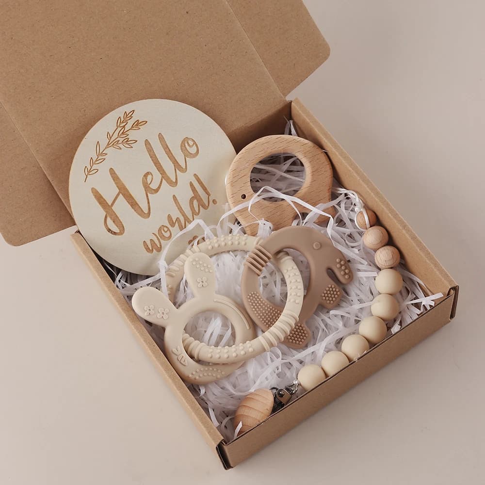 2025 new 4pcs baby elephant and bunny teether Gift Set - Baby silicone Pacifier chain , wooden milestone