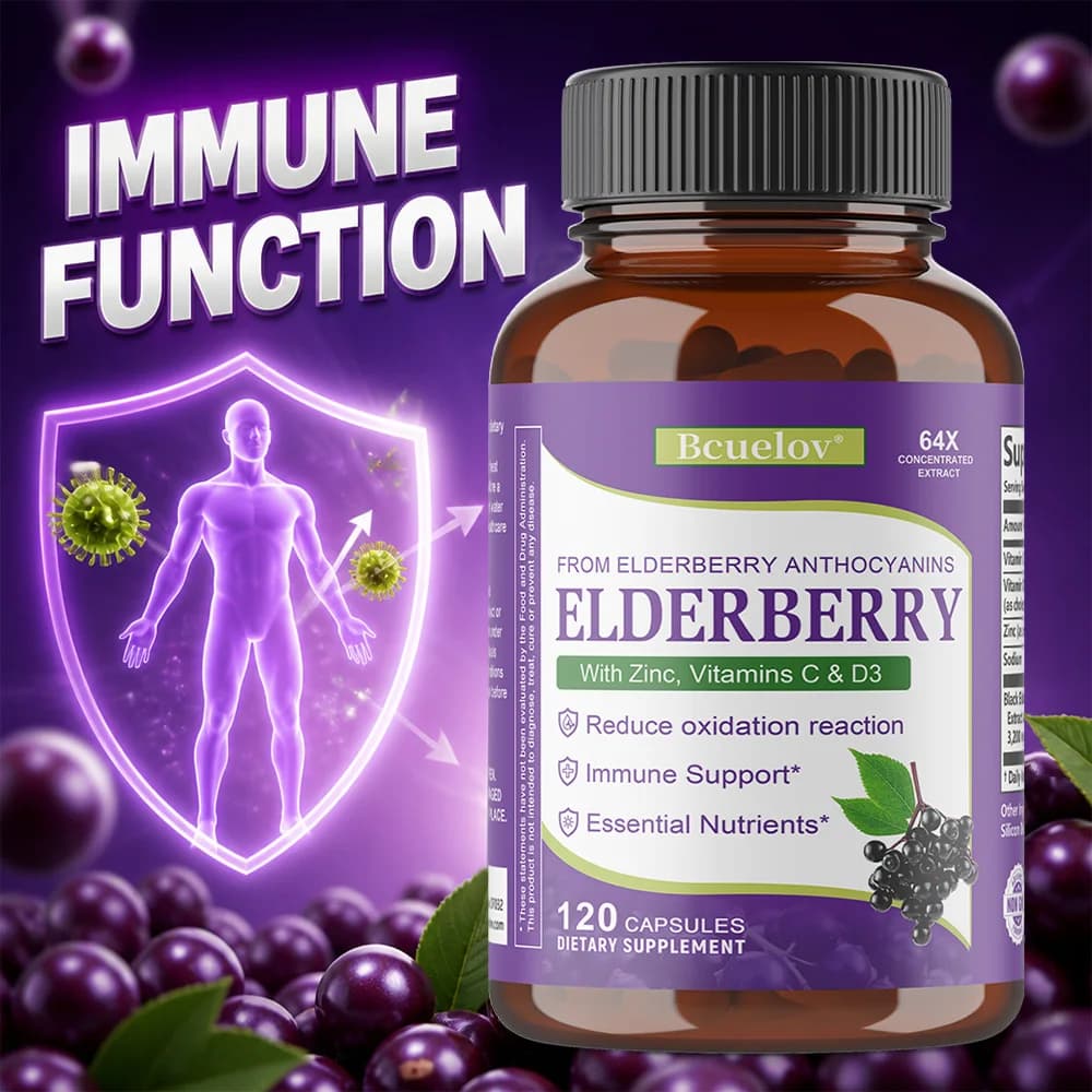 Natural Elderberry | Adult Immune Support Supplement | Contains Vitamin C, Zinc, Vitamin D3, 120 Capsules