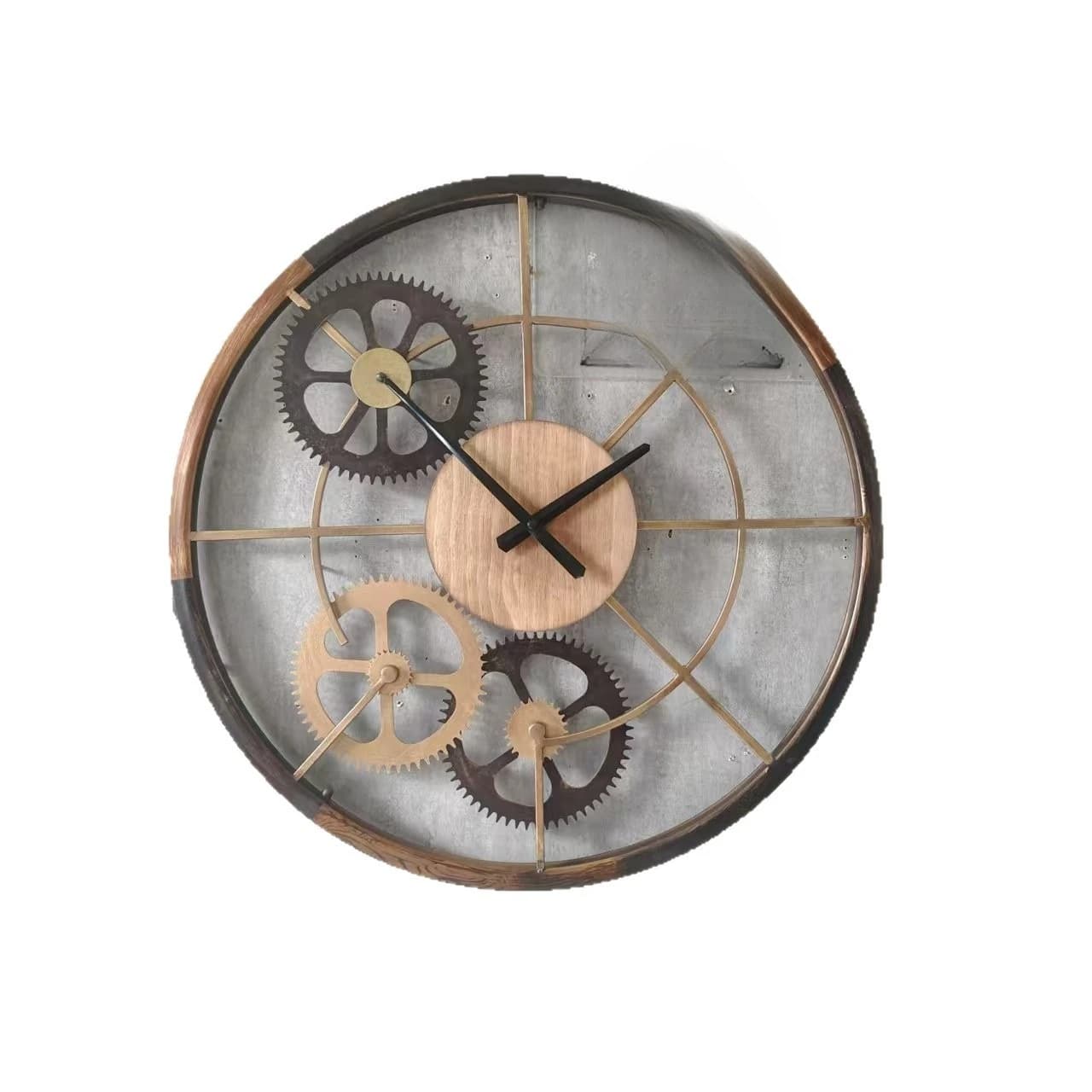 Retro wall clock wooden gear decorative wall clock personalized Roman industrial style living room clock silent creative wall cl
