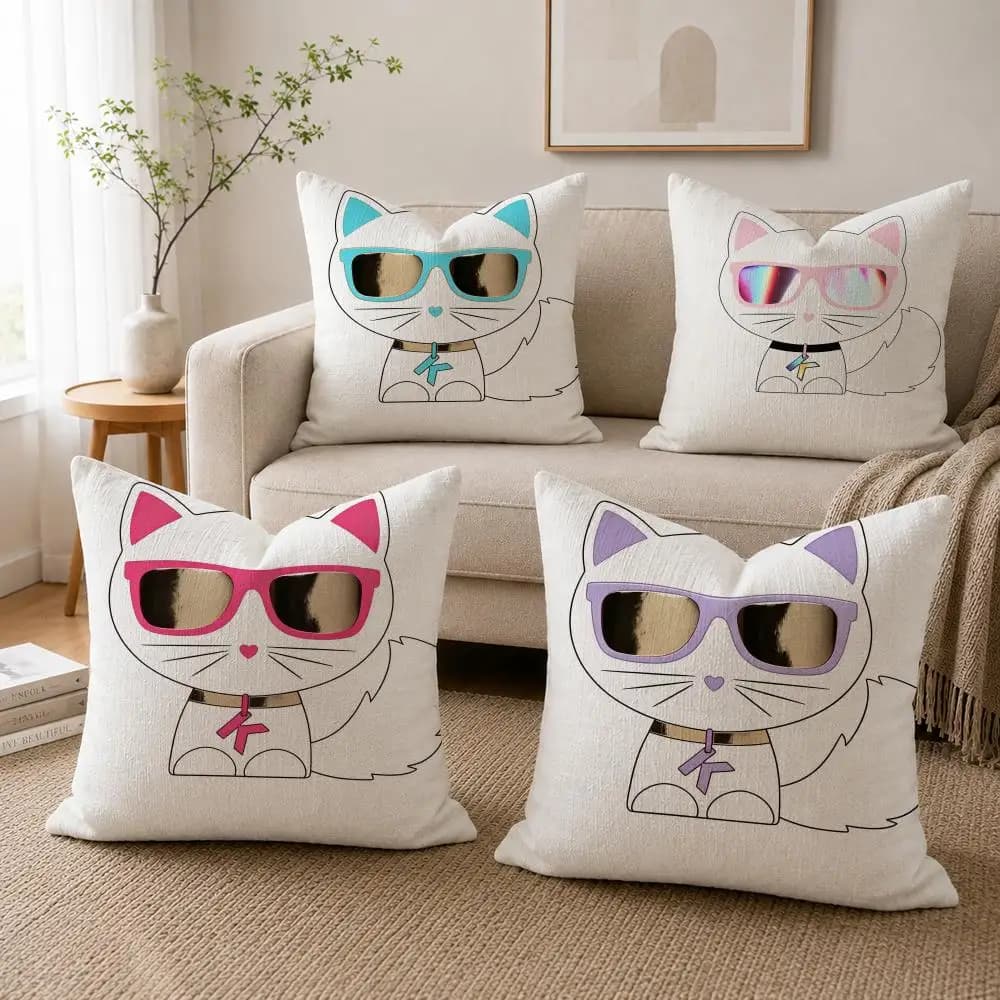 1P- Simpatico gatto alla moda con occhiali da sole, fodera per cuscino in lino stampata su entrambi i lati, fodera per cuscino per divano, decorazioni per la casa in stile nordico