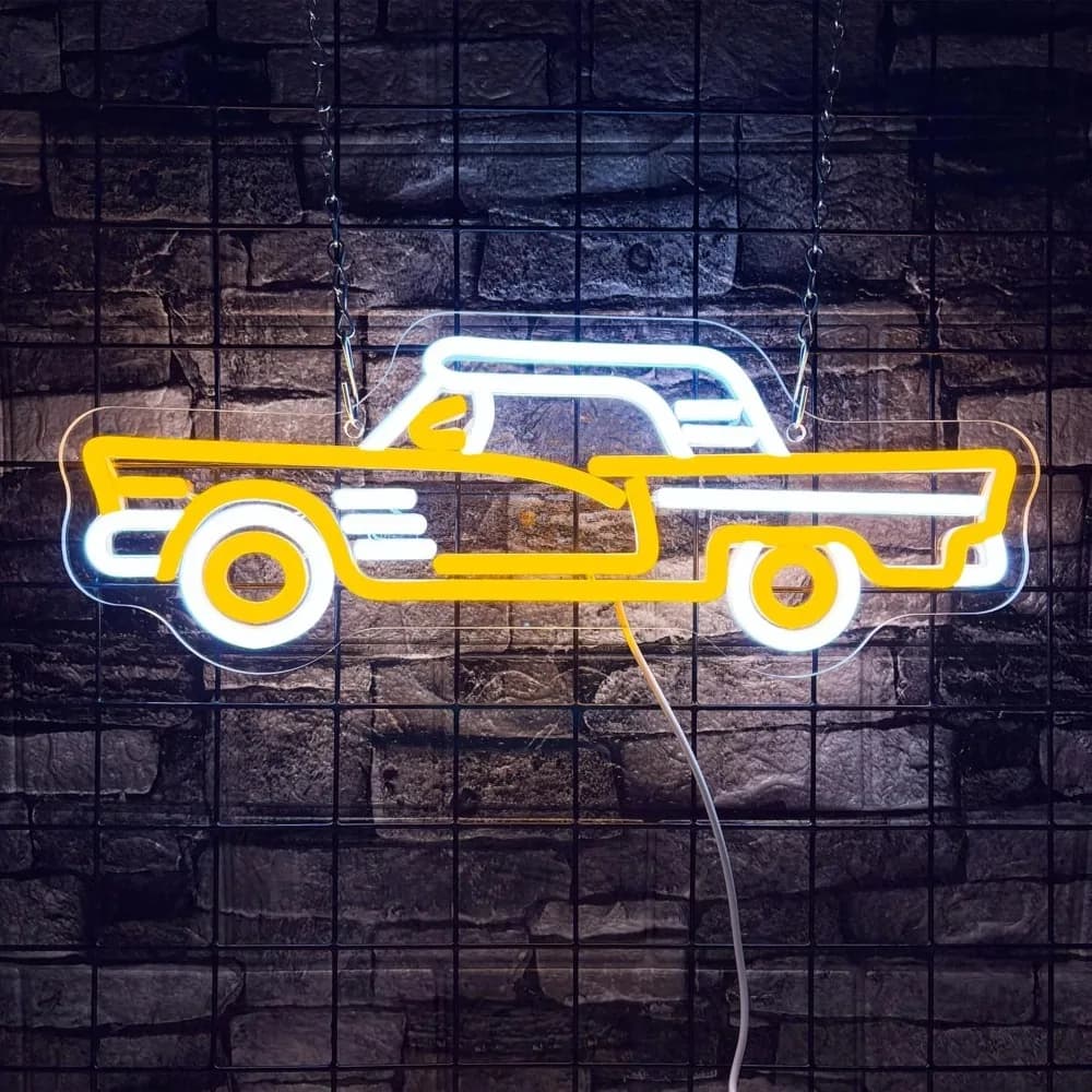 Insegna al neon per auto sportiva vintage, insegne al neon a forma di auto sportiva gialle retrò a LED dimmerabili per garage, bar, sala giochi, regalo per uomo