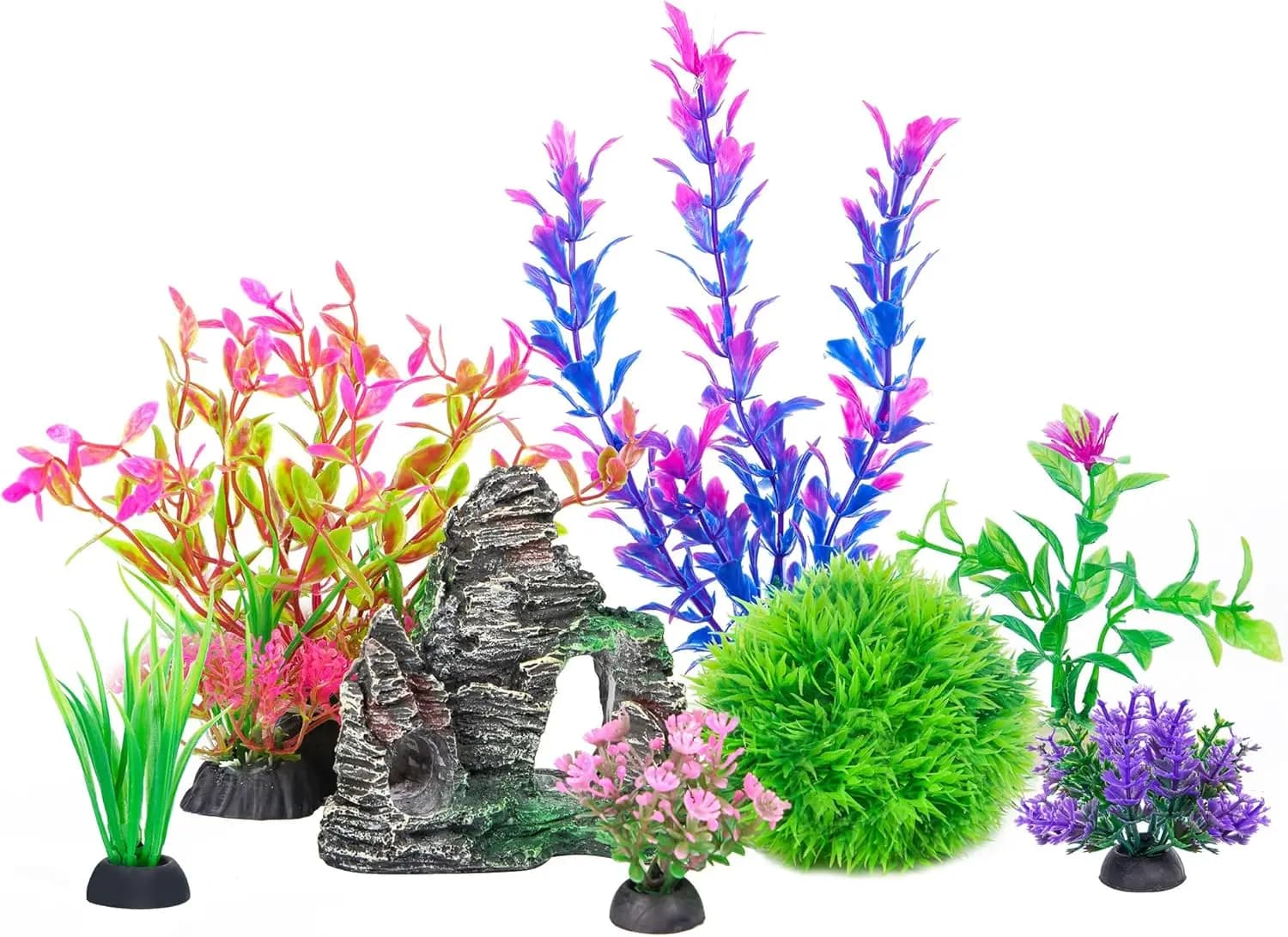 Decorazioni per Acquario con Piante Artificiali e Set di Grotte in Roccia per Pesci Rossi e Betta, Accessori per Vasche Piccole e Grandi