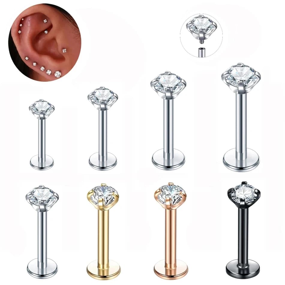 10Pcs/lot Stainless Steel Zircon Cartilage Ear Tragus Piercing Internal Thread Earring for Women Labret Piercing Lip Ring 16G