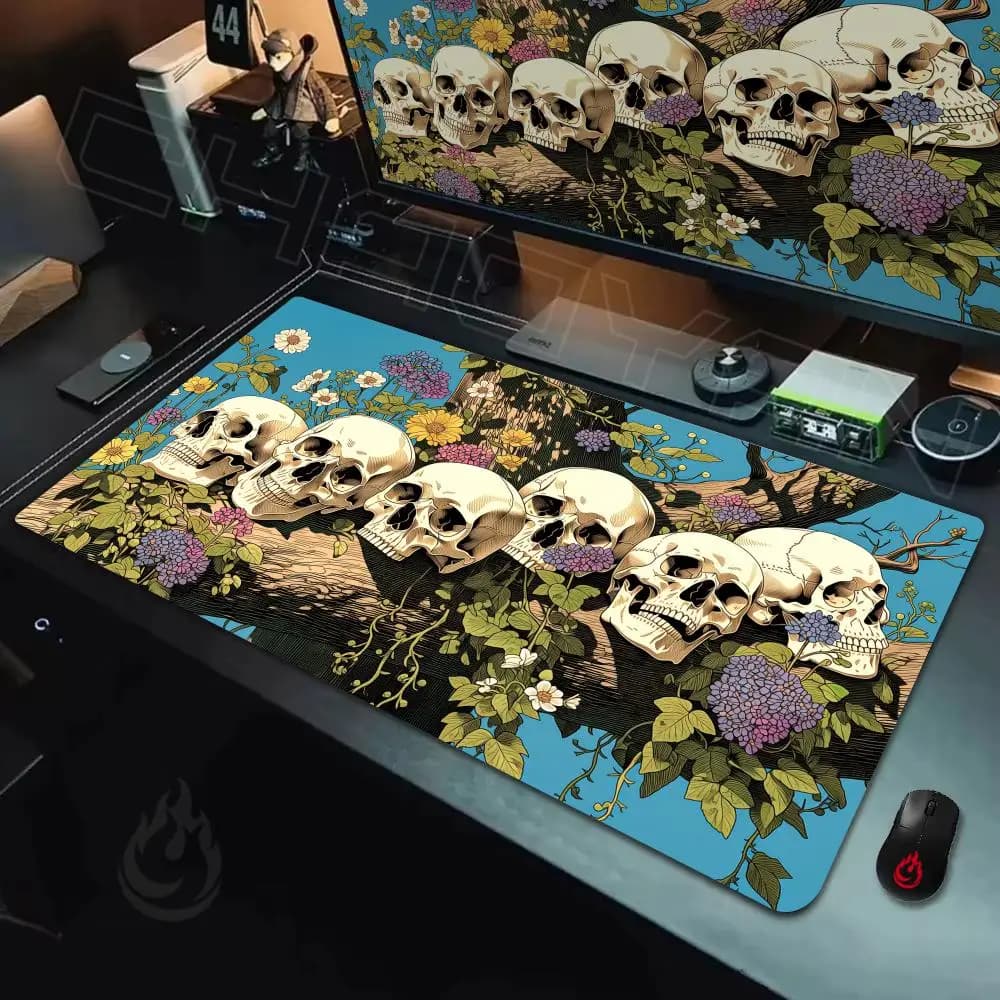 Tappetino per mouse con illustrazione di teschio in stile gotico, tappetino per mouse da ufficio resistente e antiscivolo, tappetini da gioco con bordo cucito e stampa HD