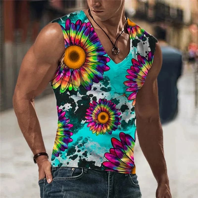 Saxophone Flower Pattern Tank Tops For Men Colorful Stripes 3D Printed Tops Summer Casual Loose Sports O-Neck Vest Street Tees