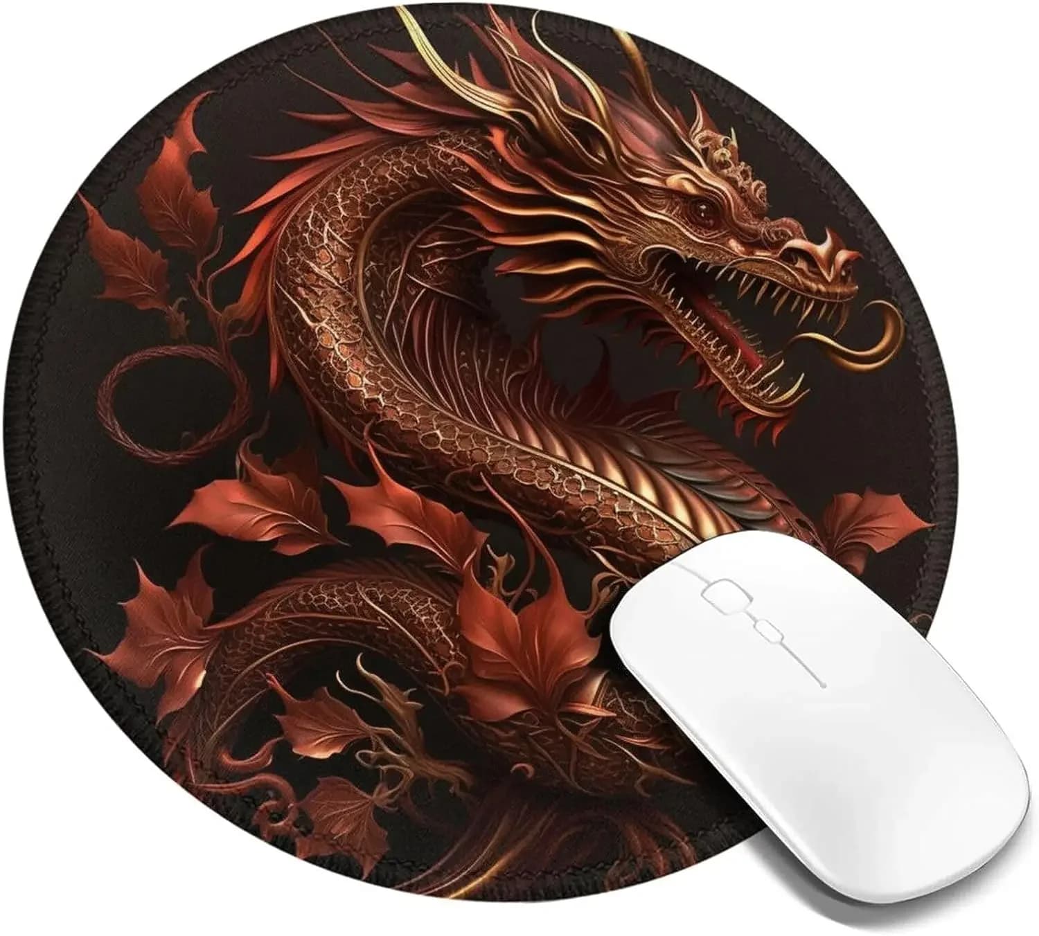 Anti-slip rubber round mouse pad with golden Chinese dragon, red art, for games, office, work, computer, laptop, home gifts