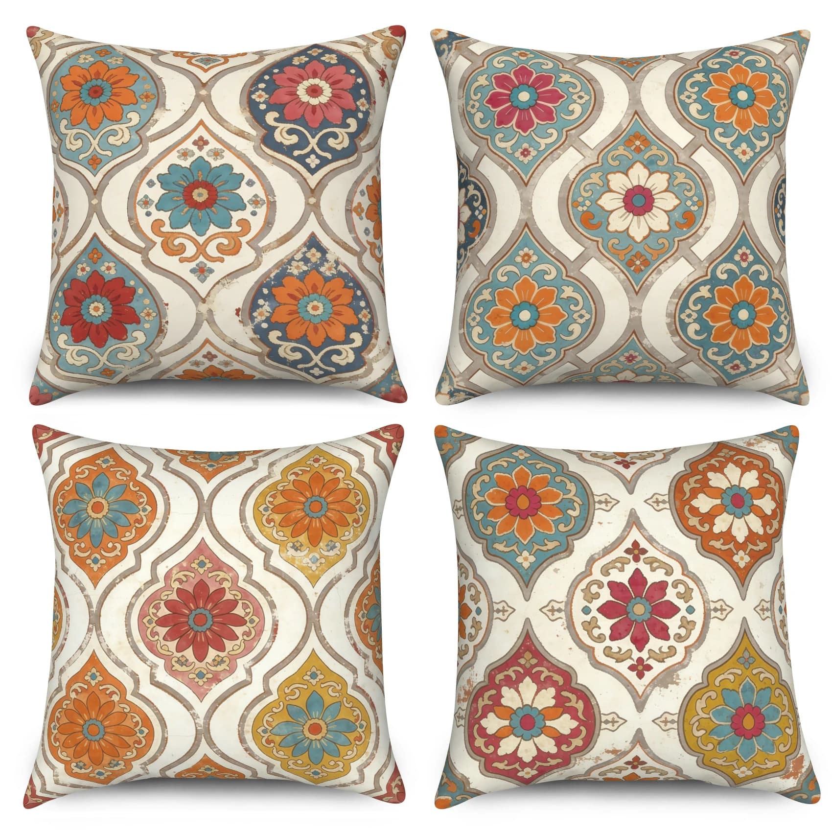 4Pcs Retro Boho Floral Throw Pillow Covers Ethnic Floral Geometric Pattern Polyester Linen Cushion Cases for Home Sofa Decor