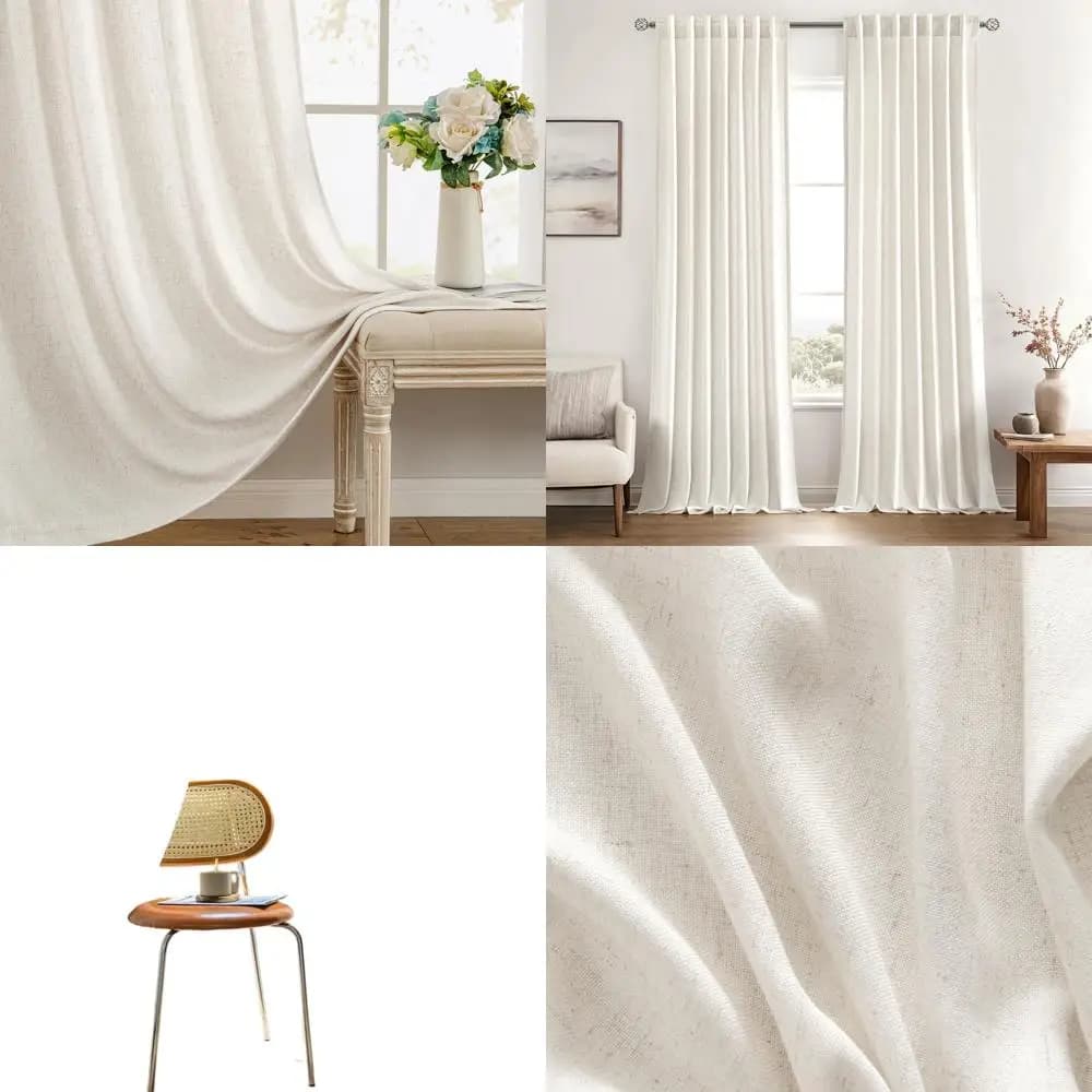 Tende in lino semitrasparente con filtraggio della luce, set da 2 pannelli, 52x102, design con linguetta posteriore, bianco naturale per la casa