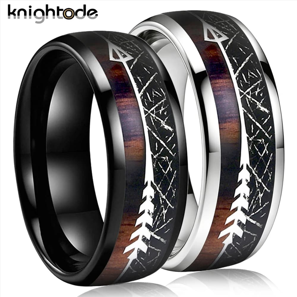 Anello in carburo di tungsteno con intarsio di texture unica in legno di meteorite nera/cao per uomo e donna da 8 mm, cupola con freccia argentata lucida