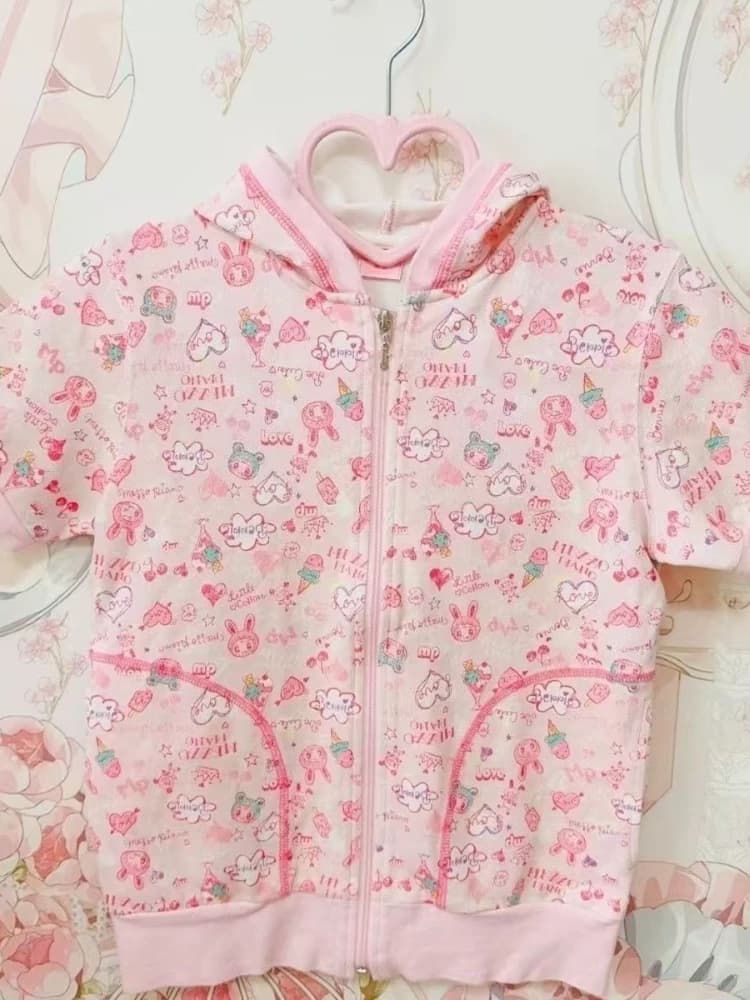 Top con cappuccio chic dolce adorabile giapponese donna nuovo design stampa camicette a maniche corte Kawaii Harajuku Y2K cardigan rosa sottile sottile