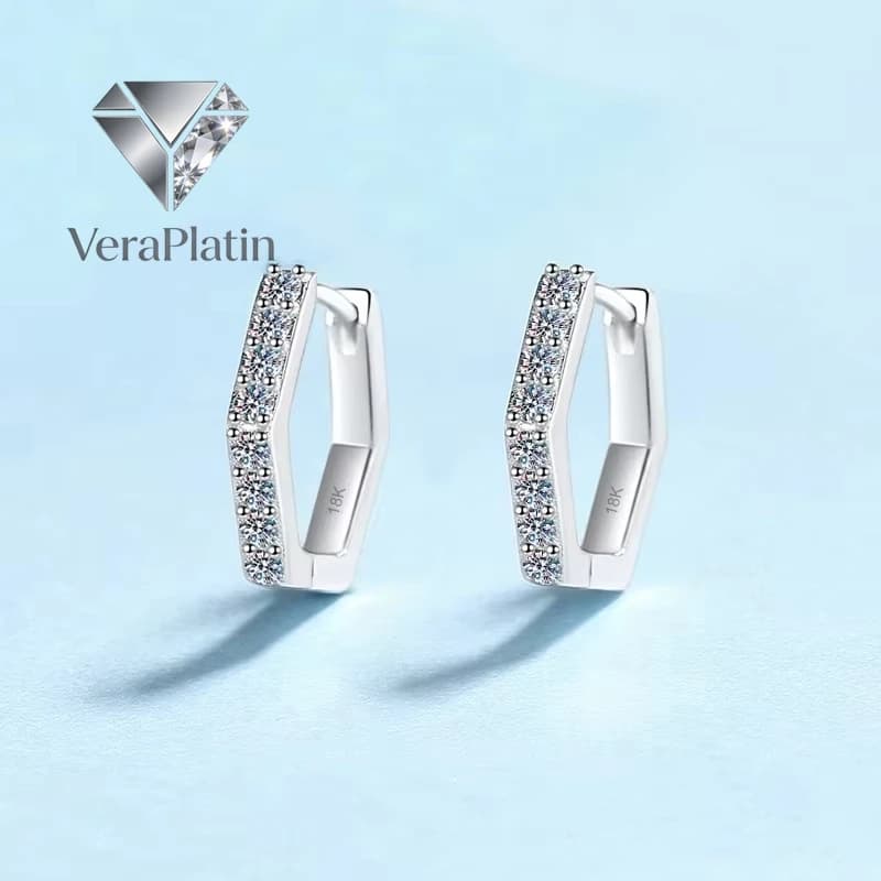 VeraPlatin Regalo di Compleanno per Donne, Orecchini a Cerchio in Oro Bianco 18K, Geometrici Esagonali con Diamante Moissanite 0.4CT, Platino PT950