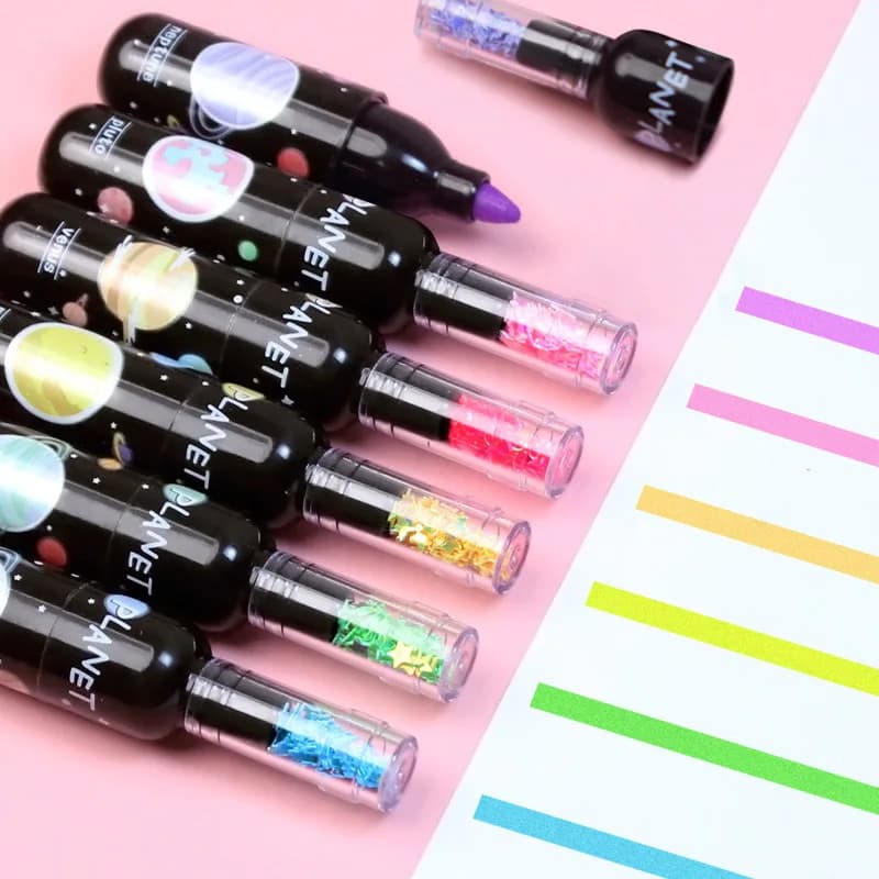 Evidenziatori a forma di mini bottiglia di vino, 6 pezzi/set, grazioso design a forma di pianeta con inchiostro glitterato, strumento di scrittura scorrevole per lo studio quotidiano