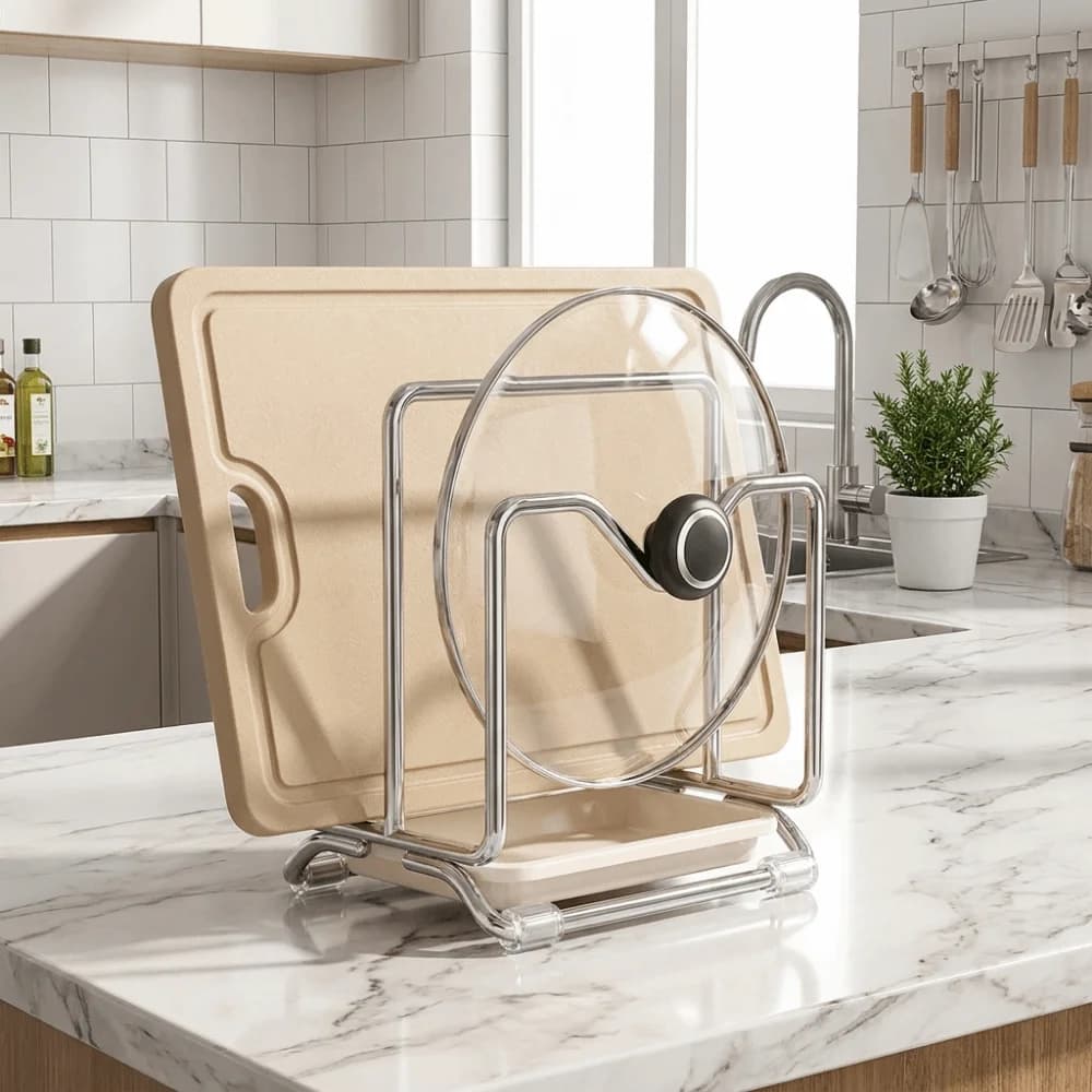 Stainless Steel Multi-layer Pot Lid Rack Stable Anti-slip Cutting Board Holder with Drainage Tray Rustproof Pot Cover Shelf