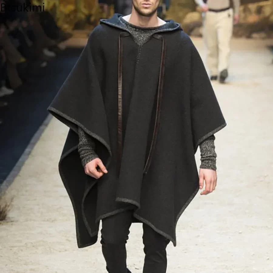 New 2025 Men's Autumn Winter Shawl Jackets Vintage National Pattern Printed Woollen Poncho Hooded Coats Male Loose Cape Outwear