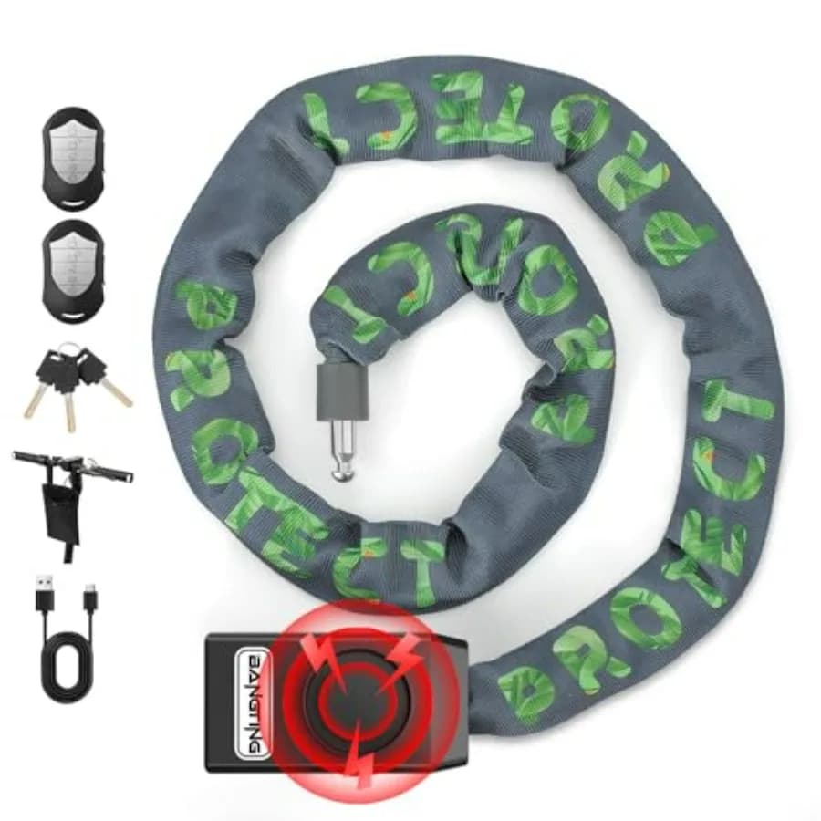Lucchetto a Catena per Bicicletta Resistente con Allarme 110dB per Bici, Bici Elettriche, Scooter, Moto, Porte, Cancelli, Recinzioni, Grigio