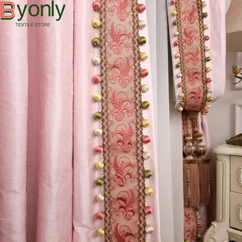 French Pink Velvet Lace Embroidery Lace Splicing Curtains for Living Room Bedroom French Window Villa Customized Finished