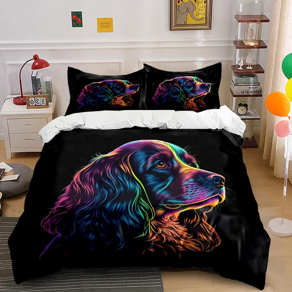 Set di biancheria da letto Neon Spaniel da 3 pezzi, copripiumino con stampa colorata arcobaleno Cocker Spaniel + 2 federe, decorazione per amanti dei cani