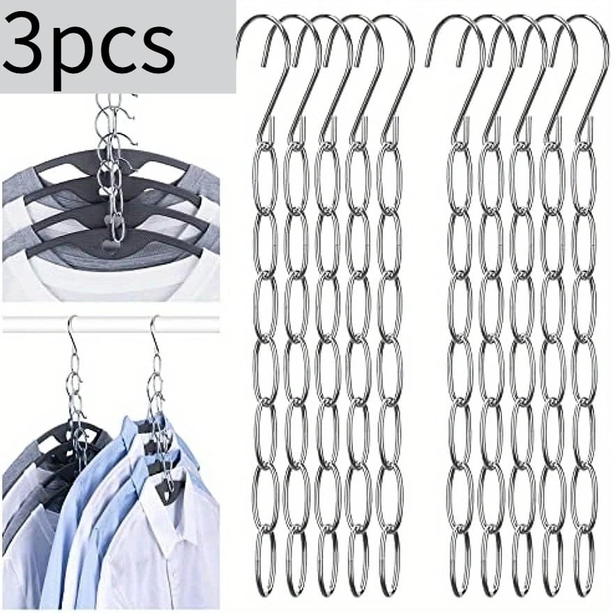 3pcs Hangers Space Saving, Metal Chain Clothes Hanger Organizer With 7 Slots, Magic Foldable
