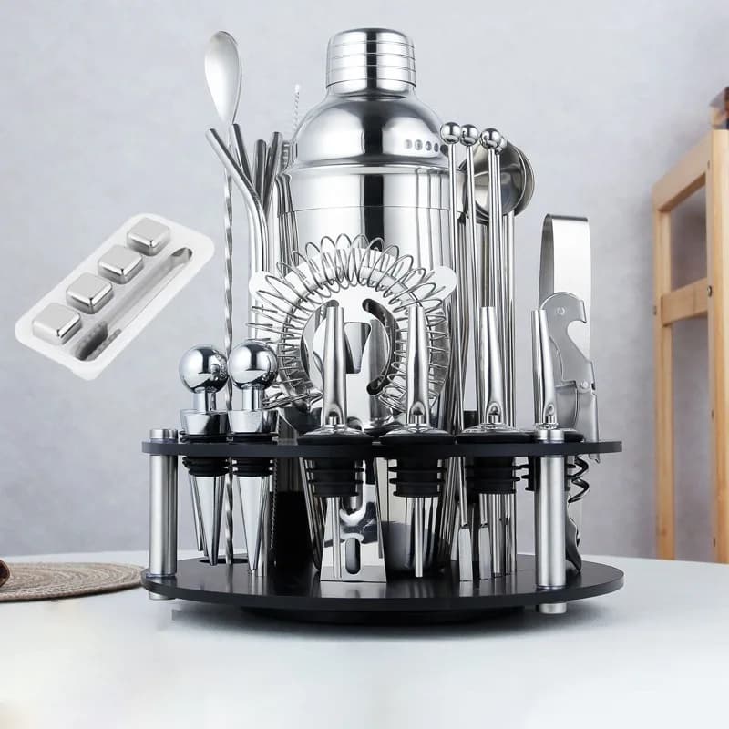 Home Bar Party Stainless Steel Cocktail Shaker Set Bar Tools Bartending Kit with Rotating Stand Drink Mixer