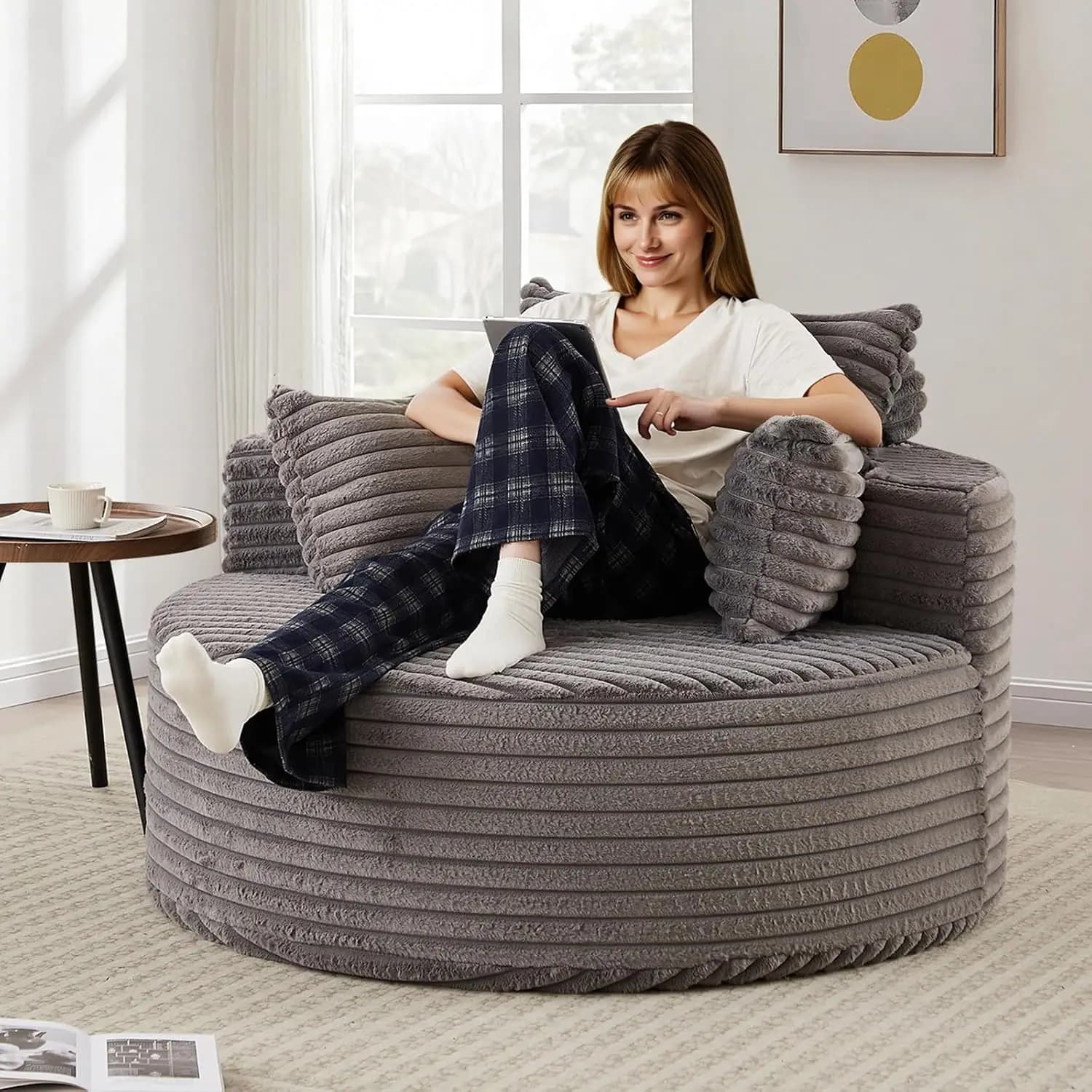 Round Corduroy Chaise Lounge Chair, 50"W Boneless Deep Seat with 3 Pillows, Comfy Circle Upholstered Sofa for Living Room Bedroo