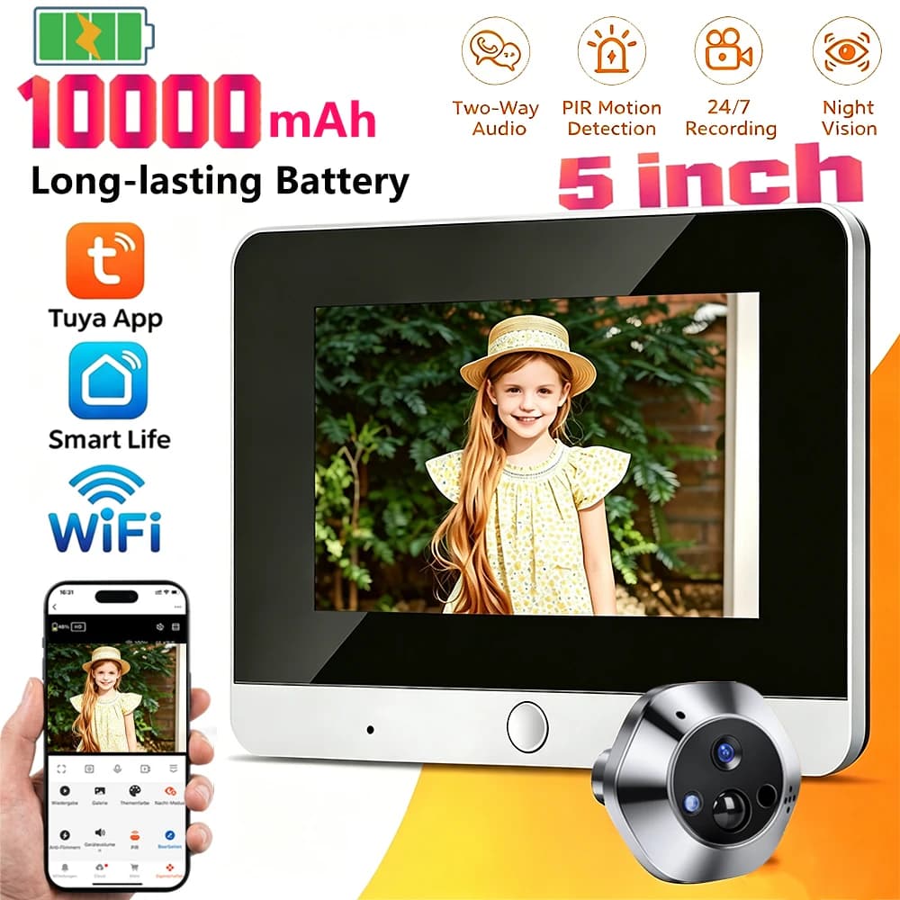 Smart Life Tuya WiFi Peephole Camera Wireless Video Door Camera 5 Inch Screen 10000mAh Battery PIR Motion Detector Two Way Audio