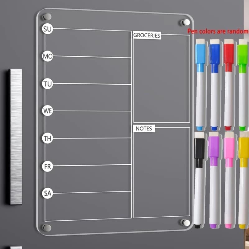 Lavagna magnetica in acrilico per la pianificazione dei pasti, per frigorifero, calendario settimanale trasparente, lavagna per appunti, per frigorifero.