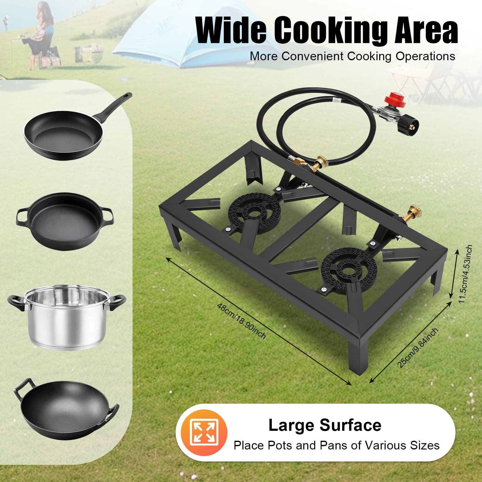 Fornello da Campeggio a Gas a Doppio Bruciatore 8000W ad Alta Potenza, Fornello Portatile per Cucina all'Aperto, Fornello in Ghisa per Picnic, Campeggio, Escursionismo e Barbecue