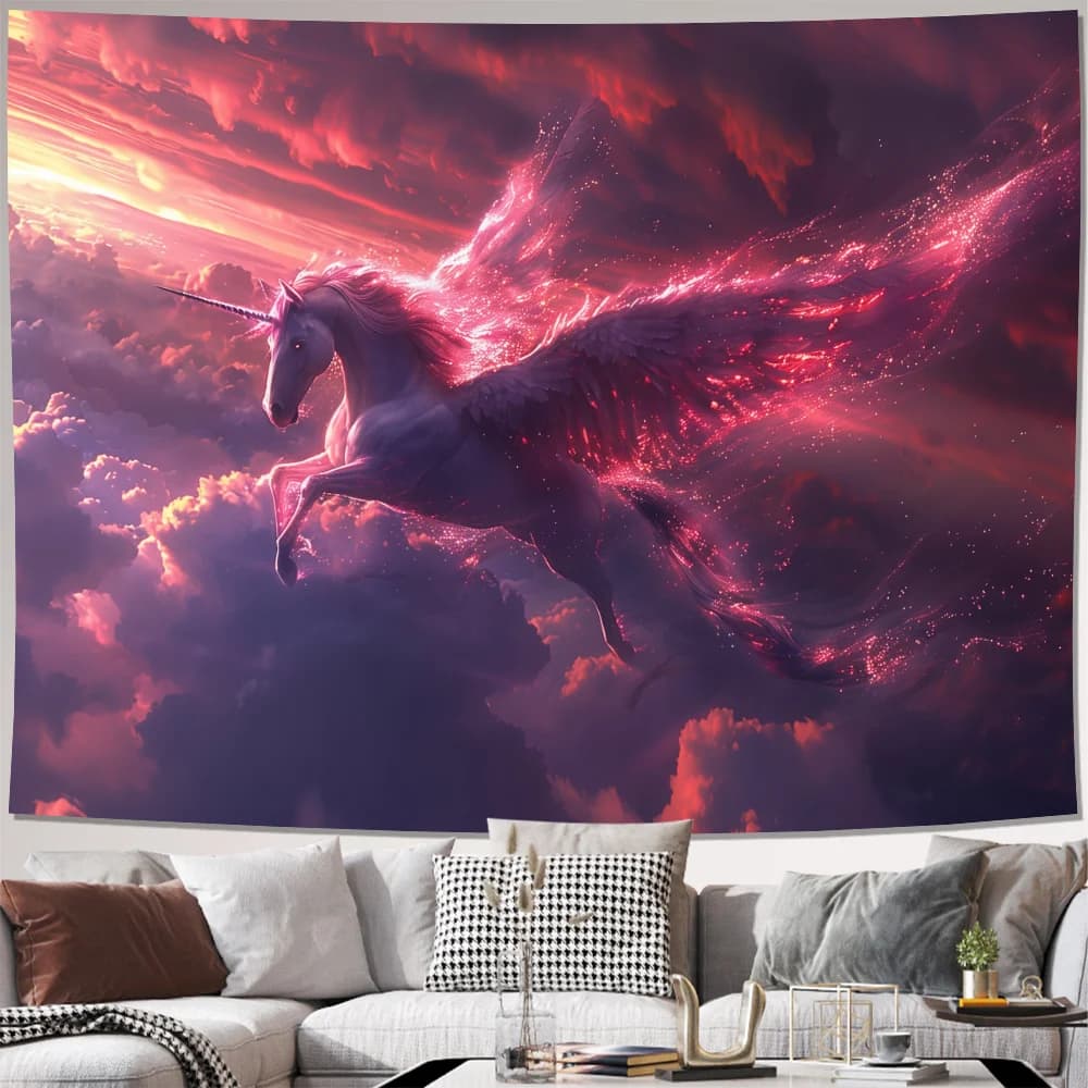 Tapestry Unicorno con Stampa Digitale 2D in Poliestere, Decorazione da Parete per Soggiorno, Camera da Letto, Ufficio, Studio con Ganci
