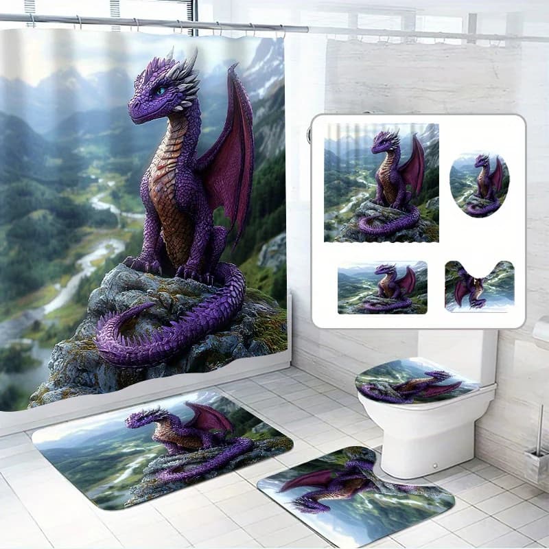 4 pezzi, set di tende da doccia Little Dragon, un piccolo drago viola con 12 ganci, tessuto in poliestere, con tappetino antiscivolo per il bagno,