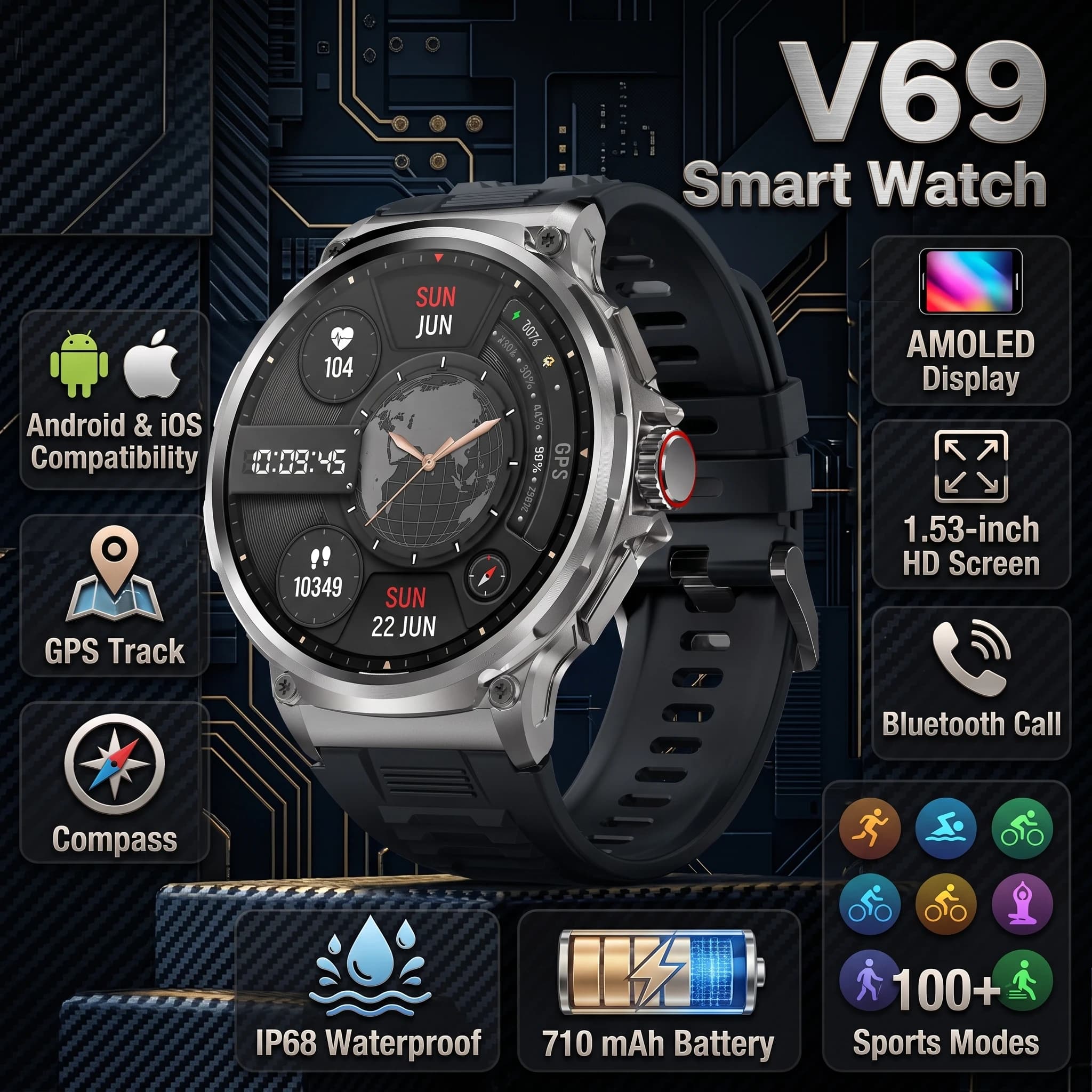 V69 AMOLED Smart Watch Men 1.85" Bluetooth Call 710mAh Rugged Outdoor Sport Smartwatch Health Fitness Tracker for Android iOS