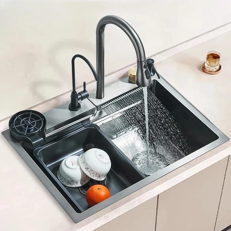Lavello da Cucina Monoblocco con Rubinetto in Acciaio Inox 304, Grande 60x45cm, con Funzione Pioggia, 4 Funzioni, Dispenser Sapone e Lavabicchieri
