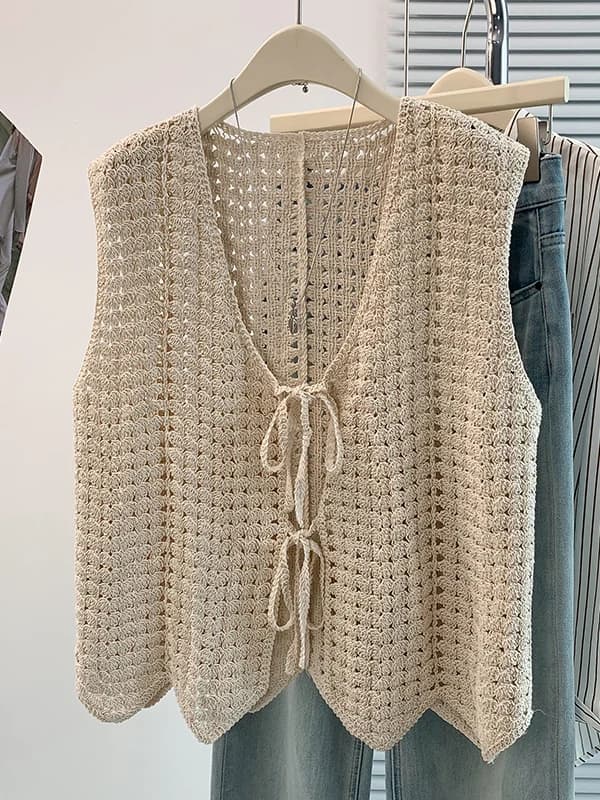 Bohemian Knitted Vest Women Summer New Style Lazy Versatile V-neck Open-worked Thick Yarn Belted Breathable Cotton Blend