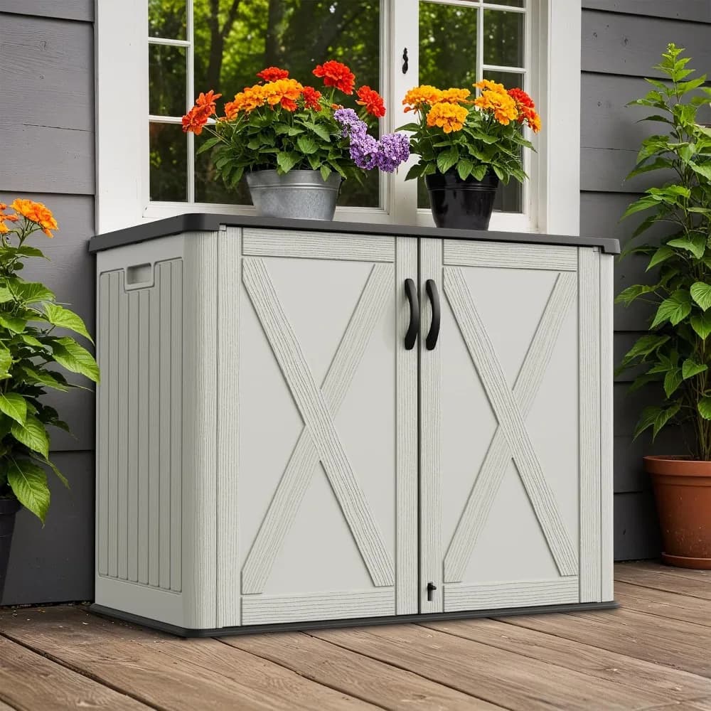 26 CUFT Outdoor Storage Cabinet, Weatherproof Deck Box, Lockable with Side Handles, Beige