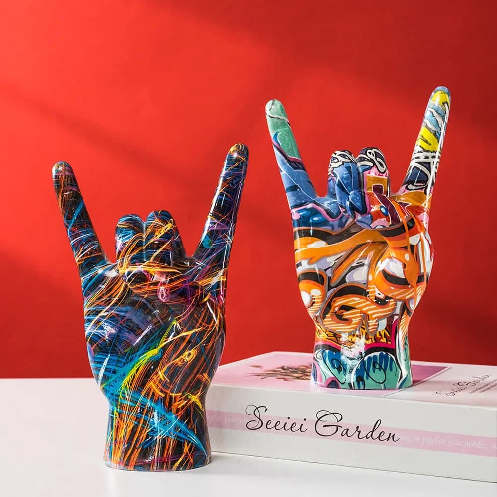 Statua Graffiti Rock On Hand 19 cm Modern Pop Art Scultura in resina dipinta a mano Regalo per la decorazione della casa