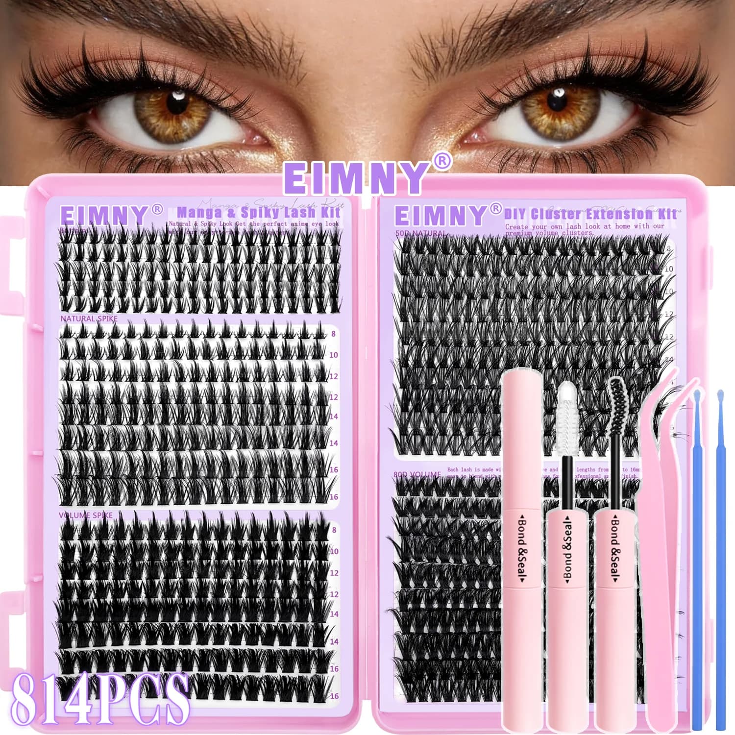 Set di ciglia finte EIMMY 814 pezzi, kit tutto in uno per principianti, ultra morbide, leggere, super facili da applicare, comode.