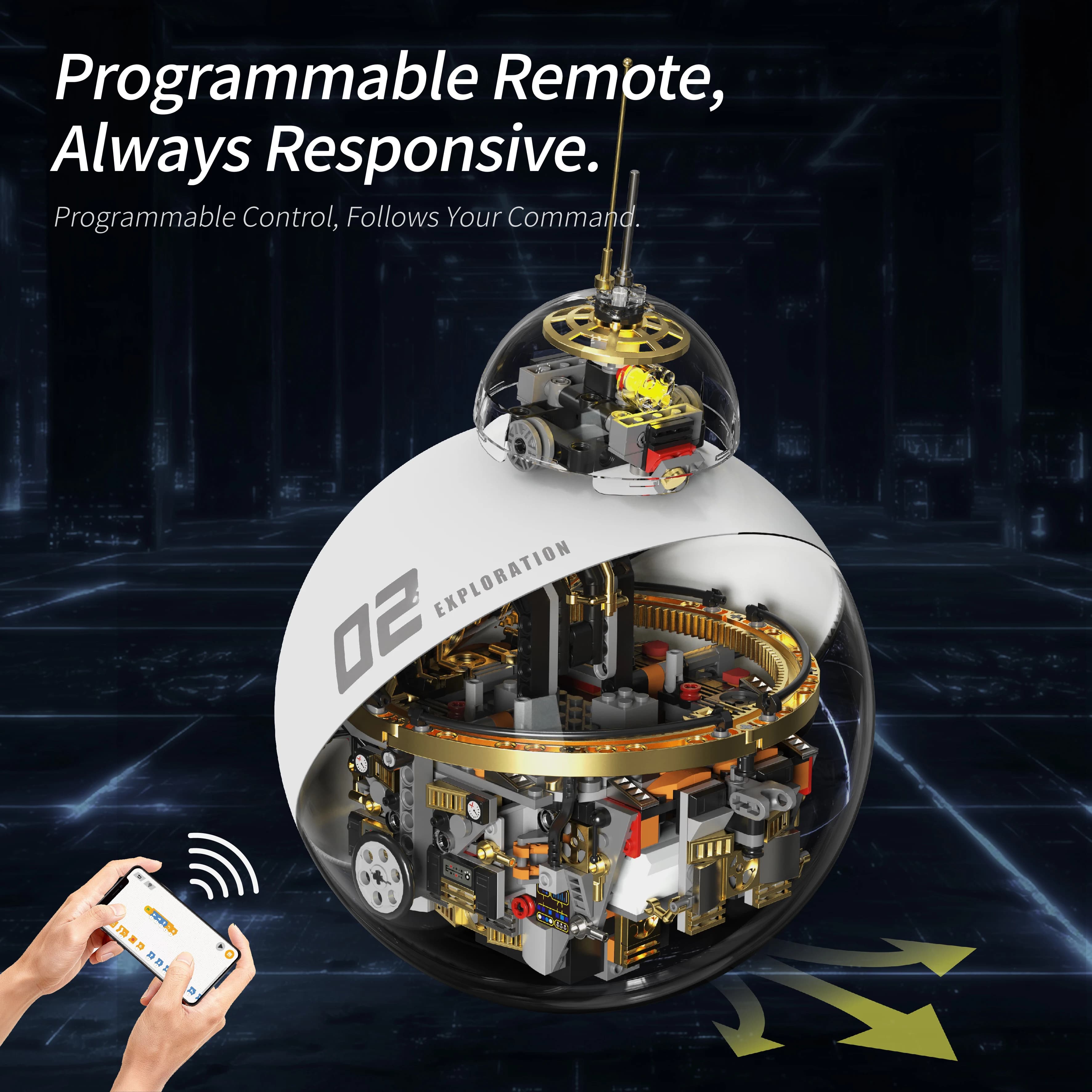 Modello MOC Robot Sferico, Blocchi da Costruzione STEM, Ornamenti da Collezione, Programmabile con Telecomando, Luce LED, Regalo da Scrivania per Adulti