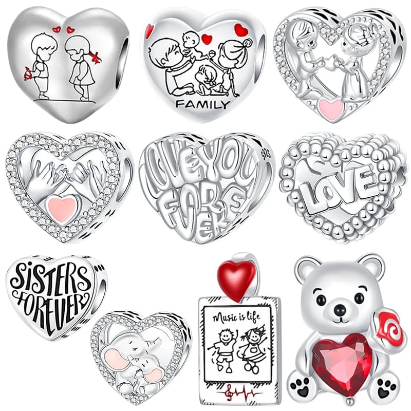 Ciondoli a forma di cuore in argento sterling 925 con scritta Love & Family, per coppie, sorelle, mamme, animali domestici, compatibili con braccialetti europei, ipoallergenici, regalo per donne.
