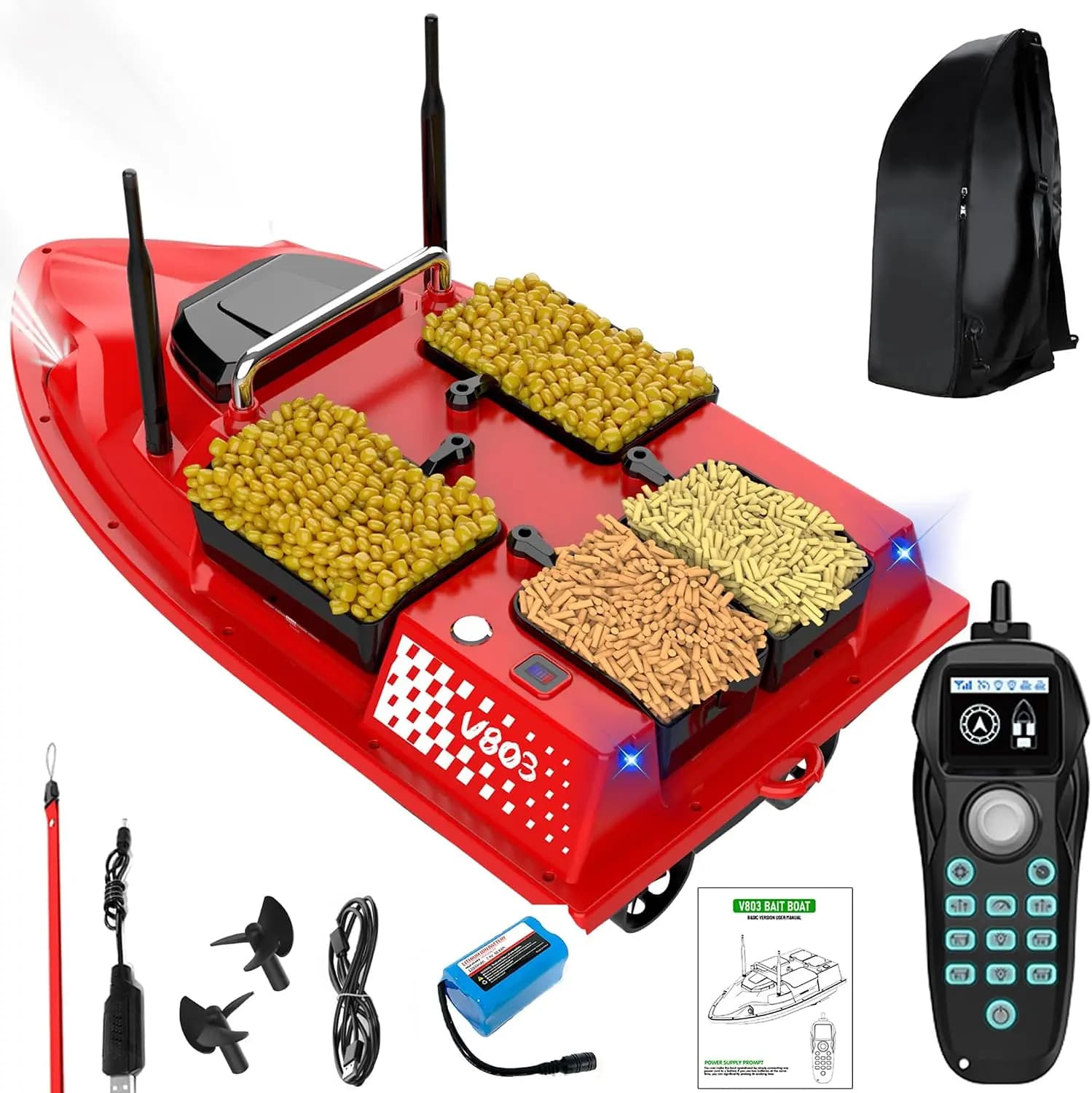 Remote Control Bait Fishing Boat with Line Drop & Bait Release, Dual Antenna Cruise Control, 12000mAh Battery & Motors, 4 Bait Slots (6.61LBS Capacity), 1640FT Range, LED Light, Includes Backpack