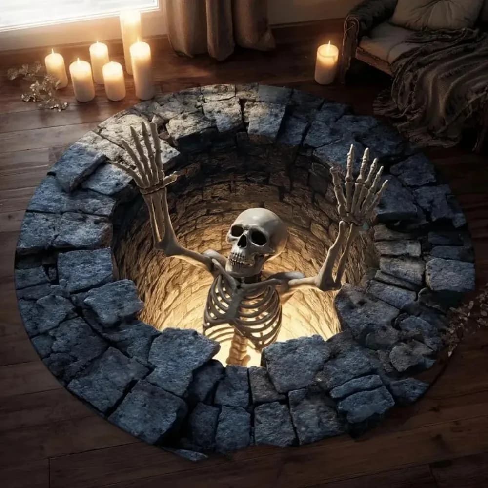 Tappeto Rotondo con Illusione Scheletrica, Tappeto Gotico Spaventoso con Effetto Ottico, Zerbino Decorativo Horror per Soggiorno, Regalo per la Casa