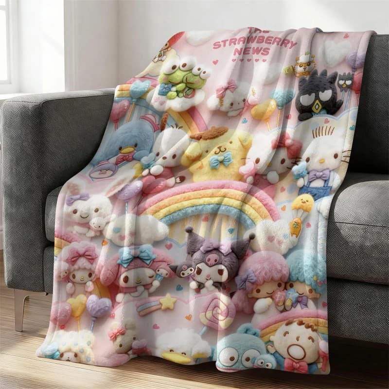 Coperta in Flanella con Tutti i Personaggi Sanrio, Stampa Arcobaleno 3D Kawaii, Morbida e Accogliente per Camera da Letto e Divano, Regalo per Ragazze