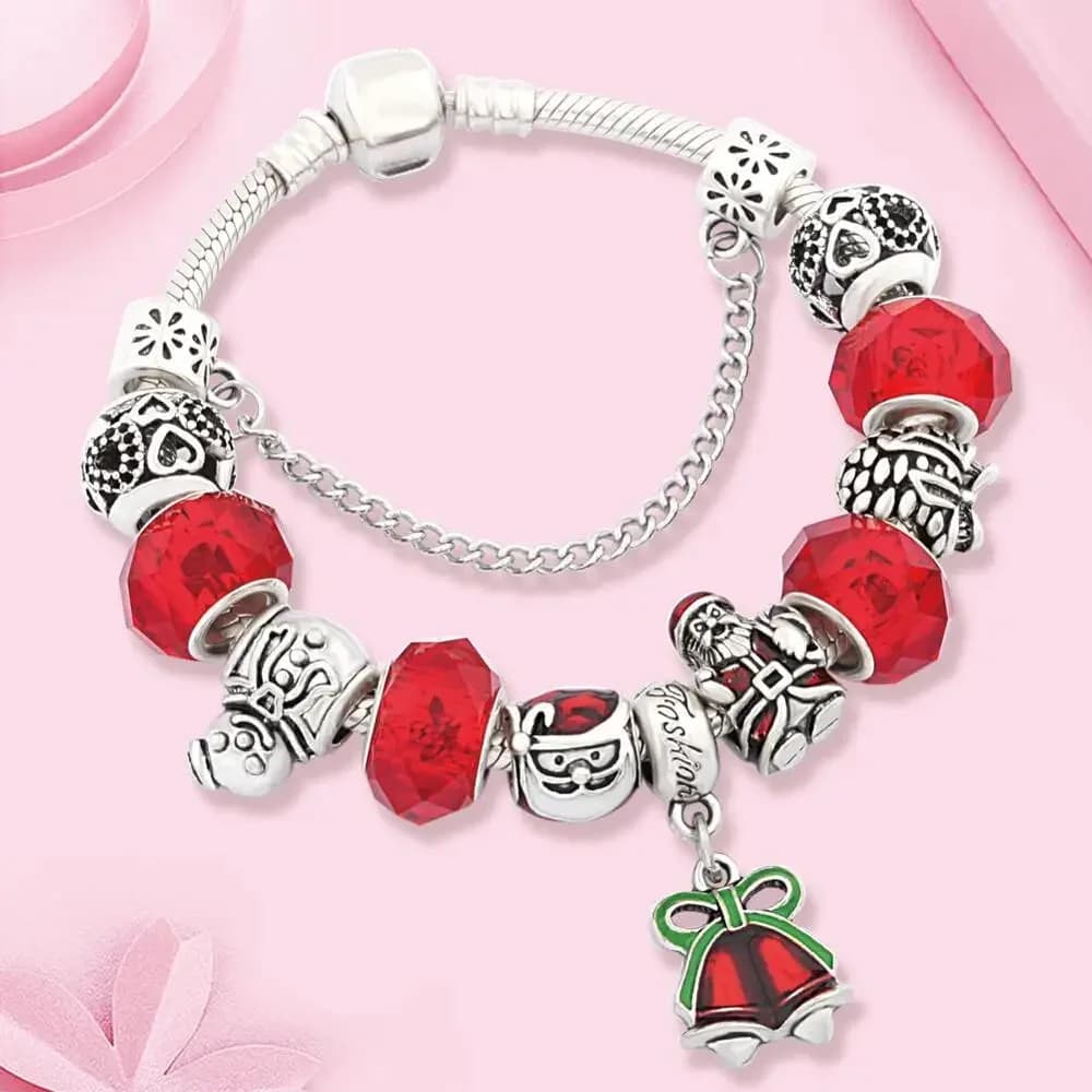 Classic Red Enamel Crystal Santa Christmas Bell Pendant Charm Bracelets DIY Snowman Heart Bead Jewelry Xmas Gift