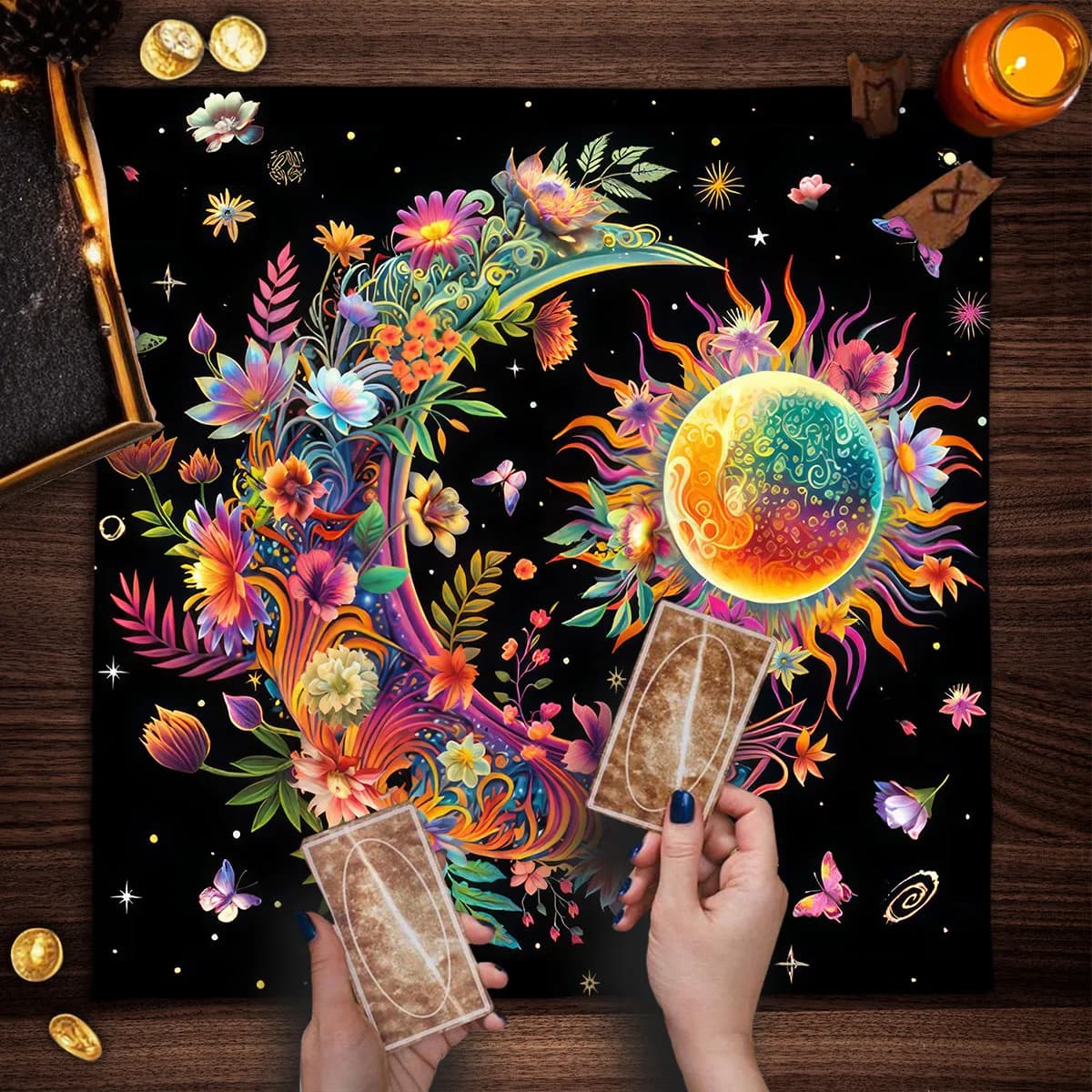 Tovaglia per tarocchi Decorazione per altare sole e luna Decorazioni per tappetino per tarocchi floreali Strumenti per divinazione Gioco da tavolo Tappetino per carte Decorazioni per la casa