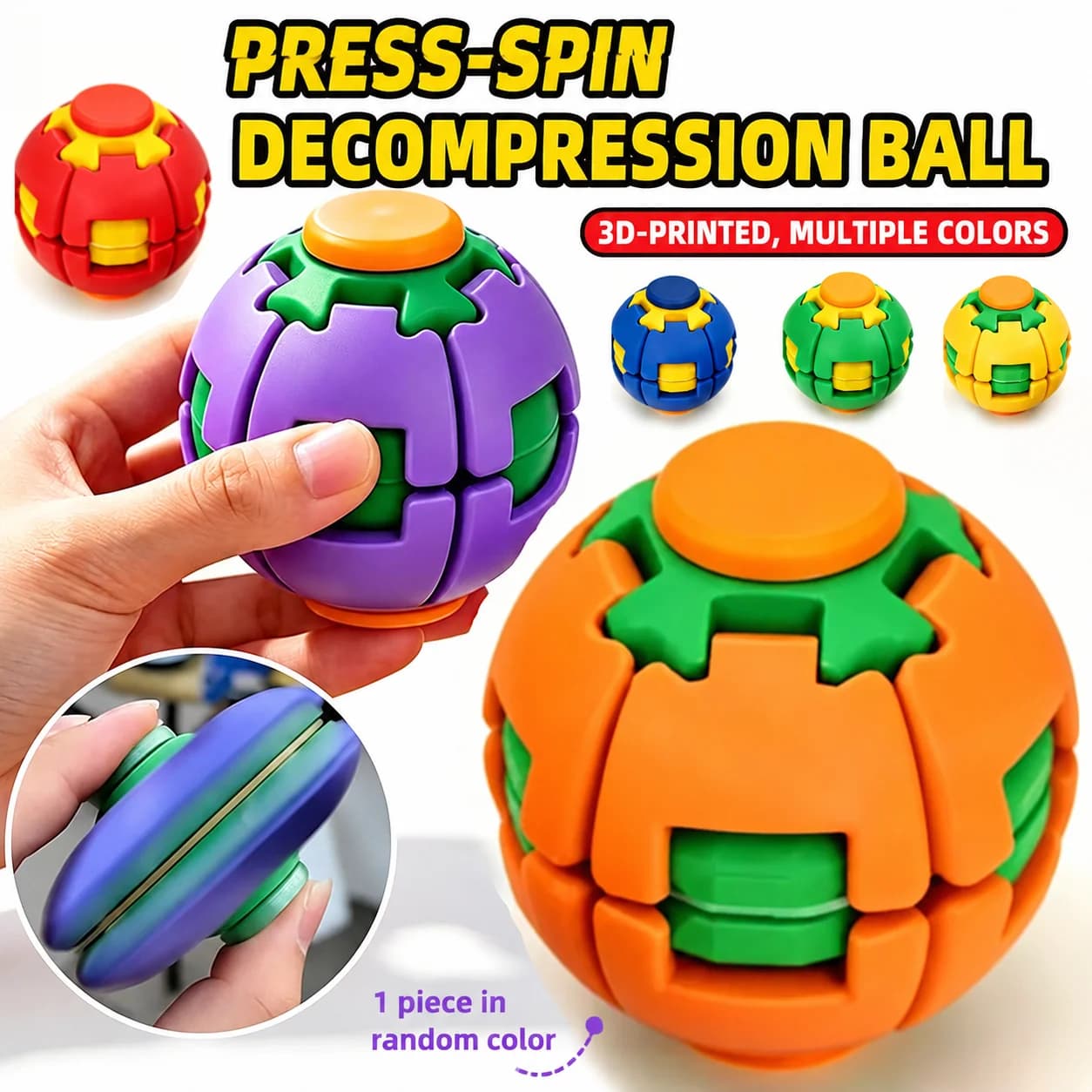 Press Spin Decompression Ball,2-in-1 Smooth Fidget Spinner Stress Relief Toy Kids Adults Birthday Party Favor Gift
