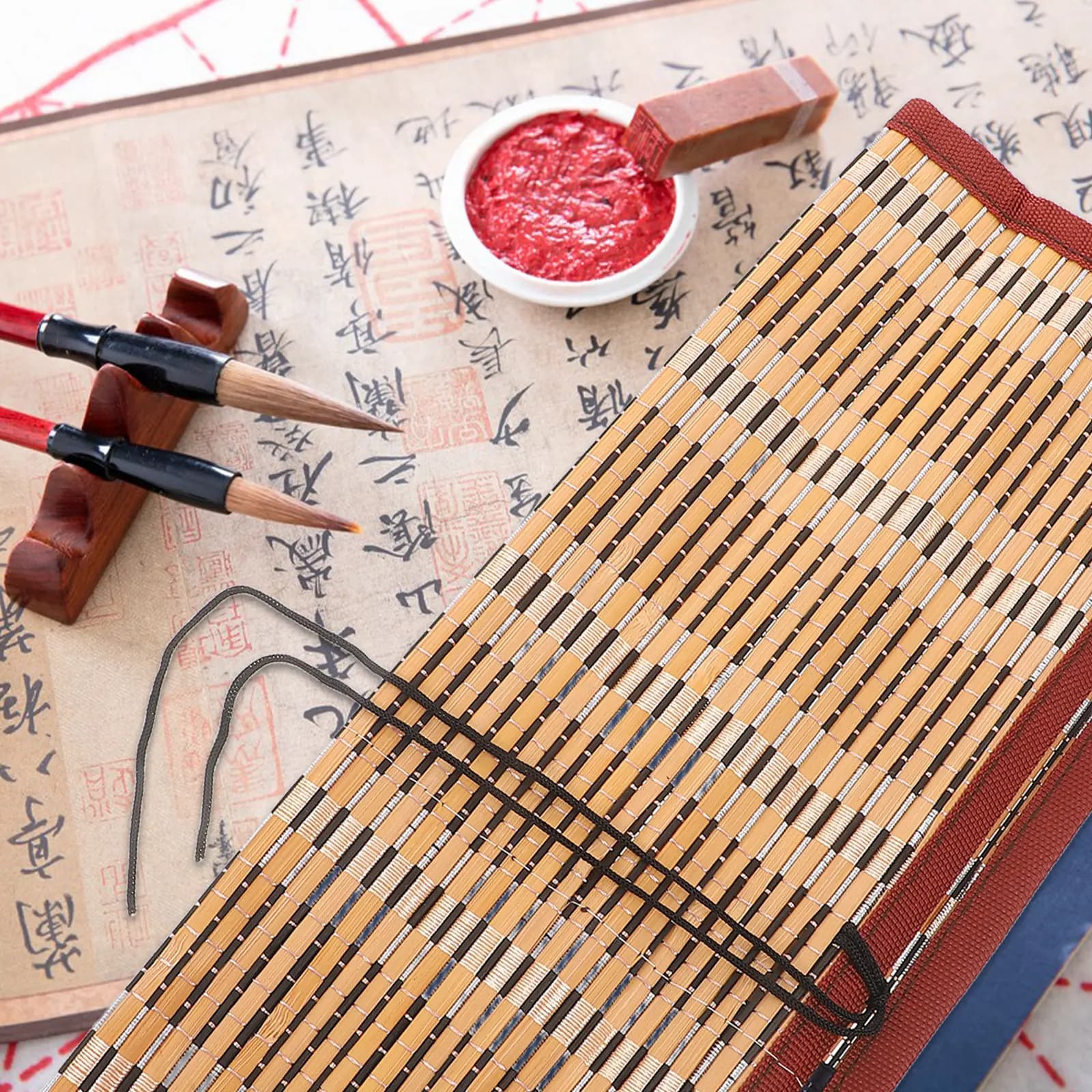 1Pcs Premium Bamboo Calligraphy Pen Bag 8-Slot Rolling Pencil Holder Compact Writing Instrument Organizer Travel Art Tool Case