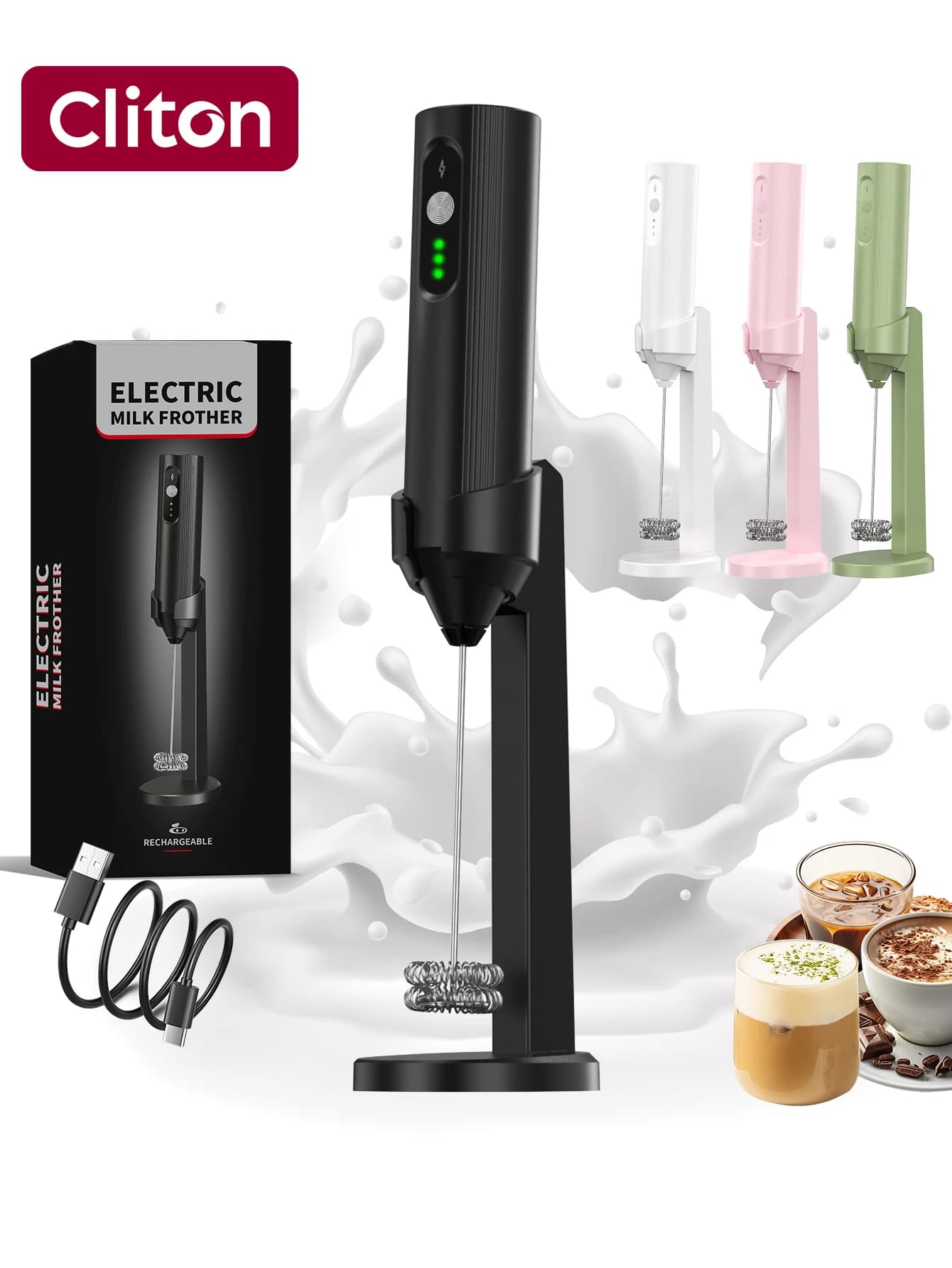 Cliton Mini Travel Electric Rechargeable Handheld Frother With Stand For Protein Powder