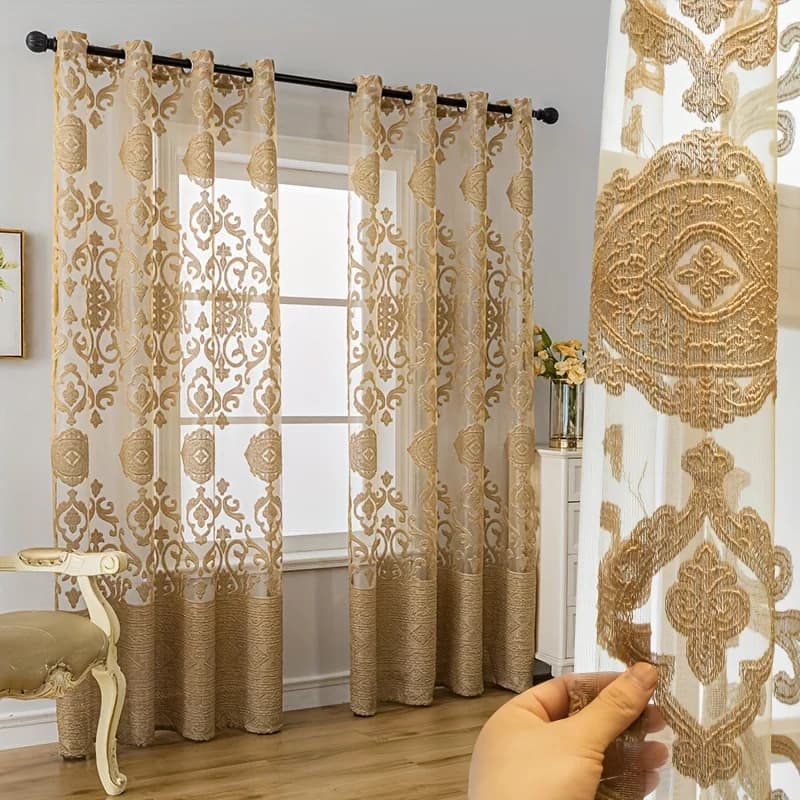 1 Pezzo Tende Trasparenti Khaki con Motivo 3D in Rilievo, Voile Filtrante Luce con Motivo Stile Corte Europea, Tende Pronte all'Uso per Soggiorno e Camera da Letto