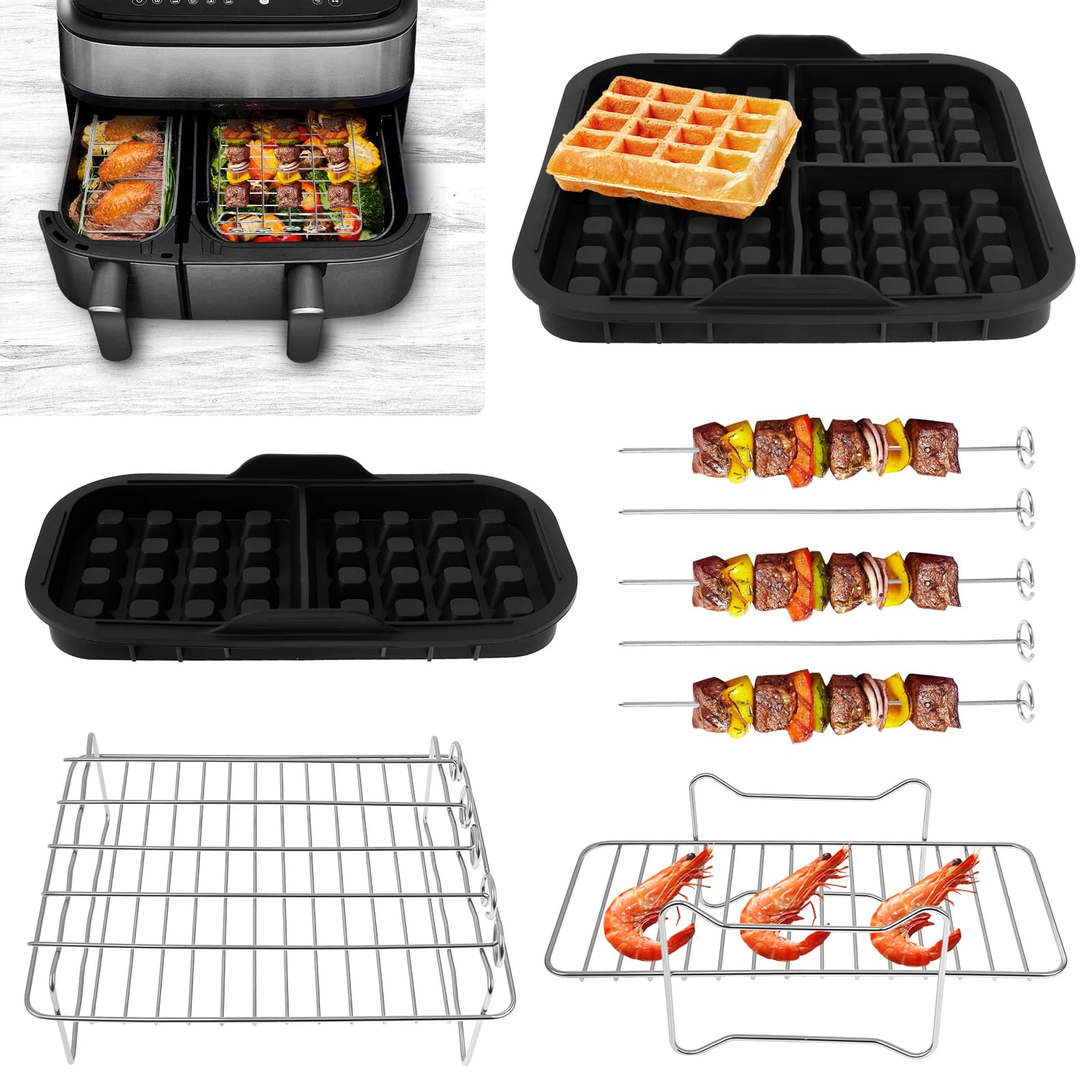 Formati assortiti Stampo per waffle rettangolare Fai da te Waffle Bakeware Stampo da forno Friggitrice ad aria Supporto per cestello per doppio cestello Serie 3000