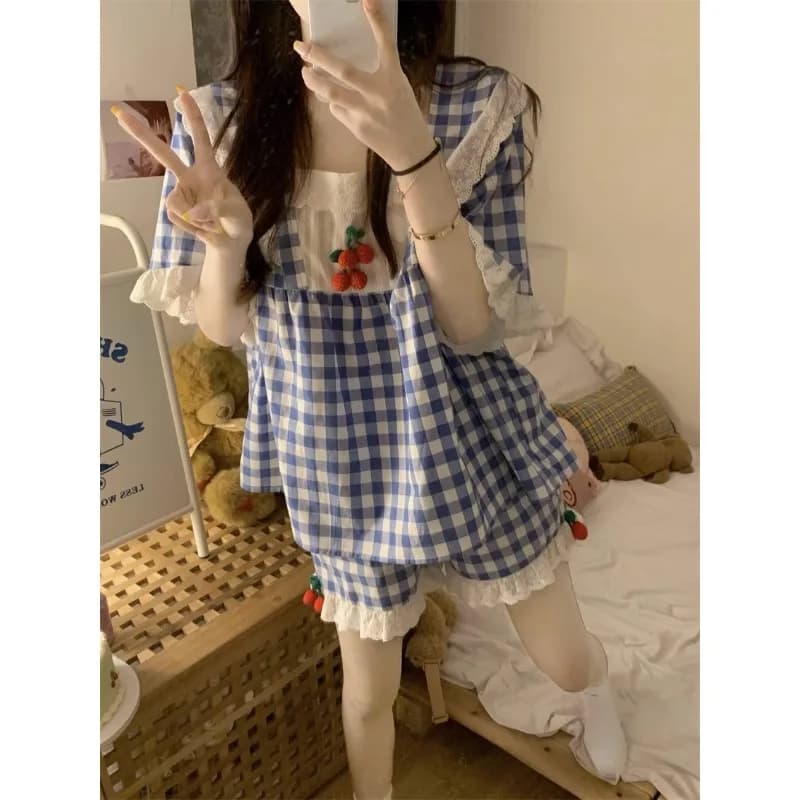 Y2K Harajuku Style Sweet Cherry Plaid Pigiama Donna Estate Streetwear Design in pizzo Pigiama Set a due pezzi Pigiama donna Nuovo