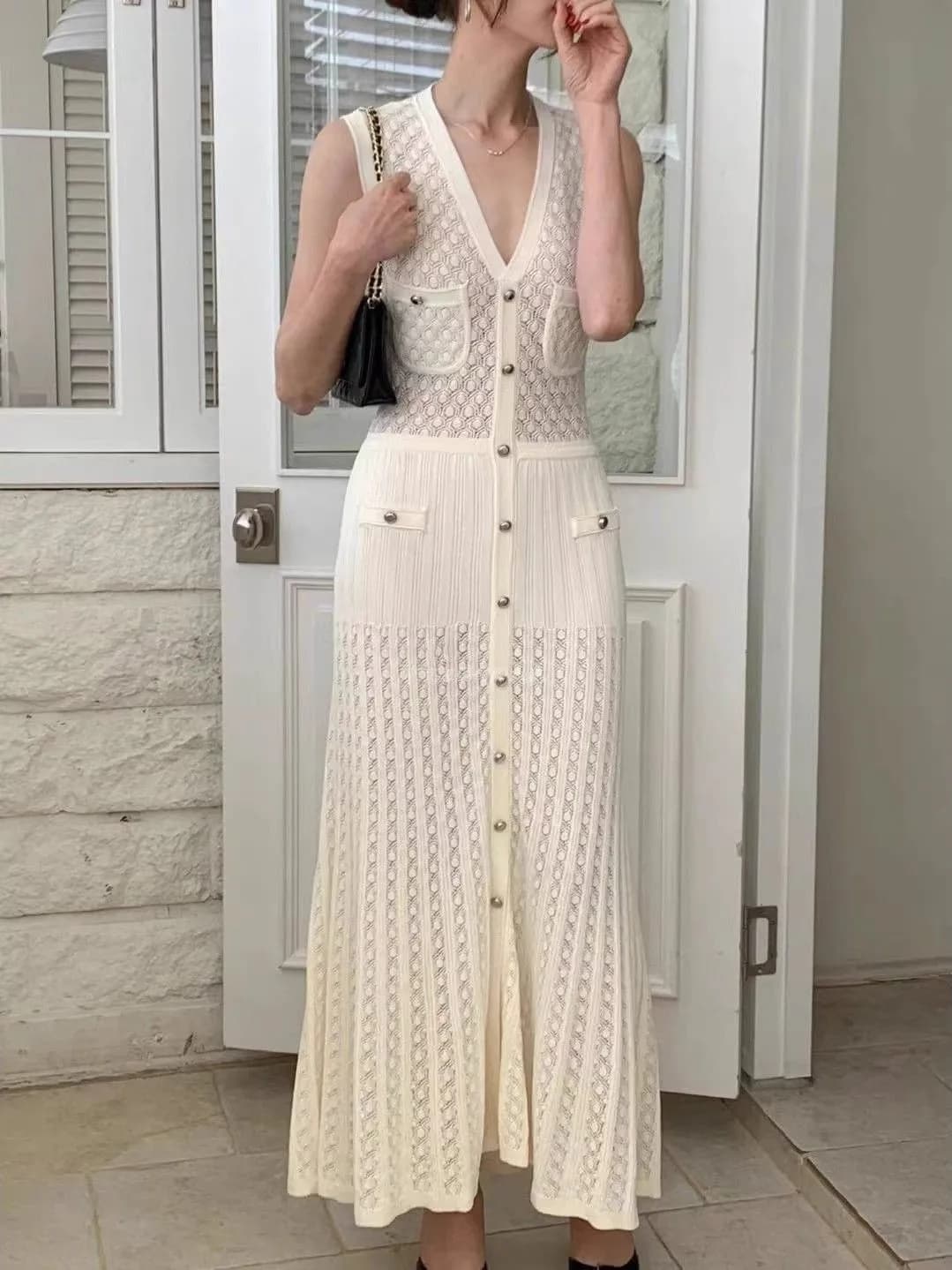 Slim Fit Knitted Hollow out Sleeveless Dress Elegant Ladylike Style Summer New Arrival Korean Style Sweater for Women